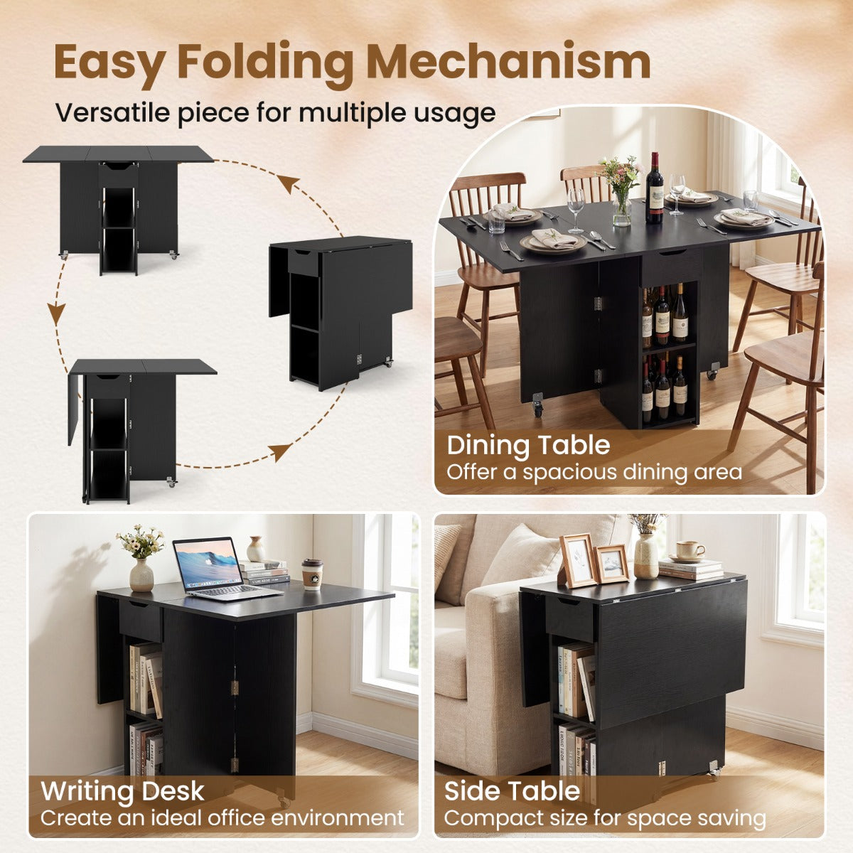 Livsk costway opvouwbare keukentafel opvouwbare tafel voor vier personen met lades zwart 5
