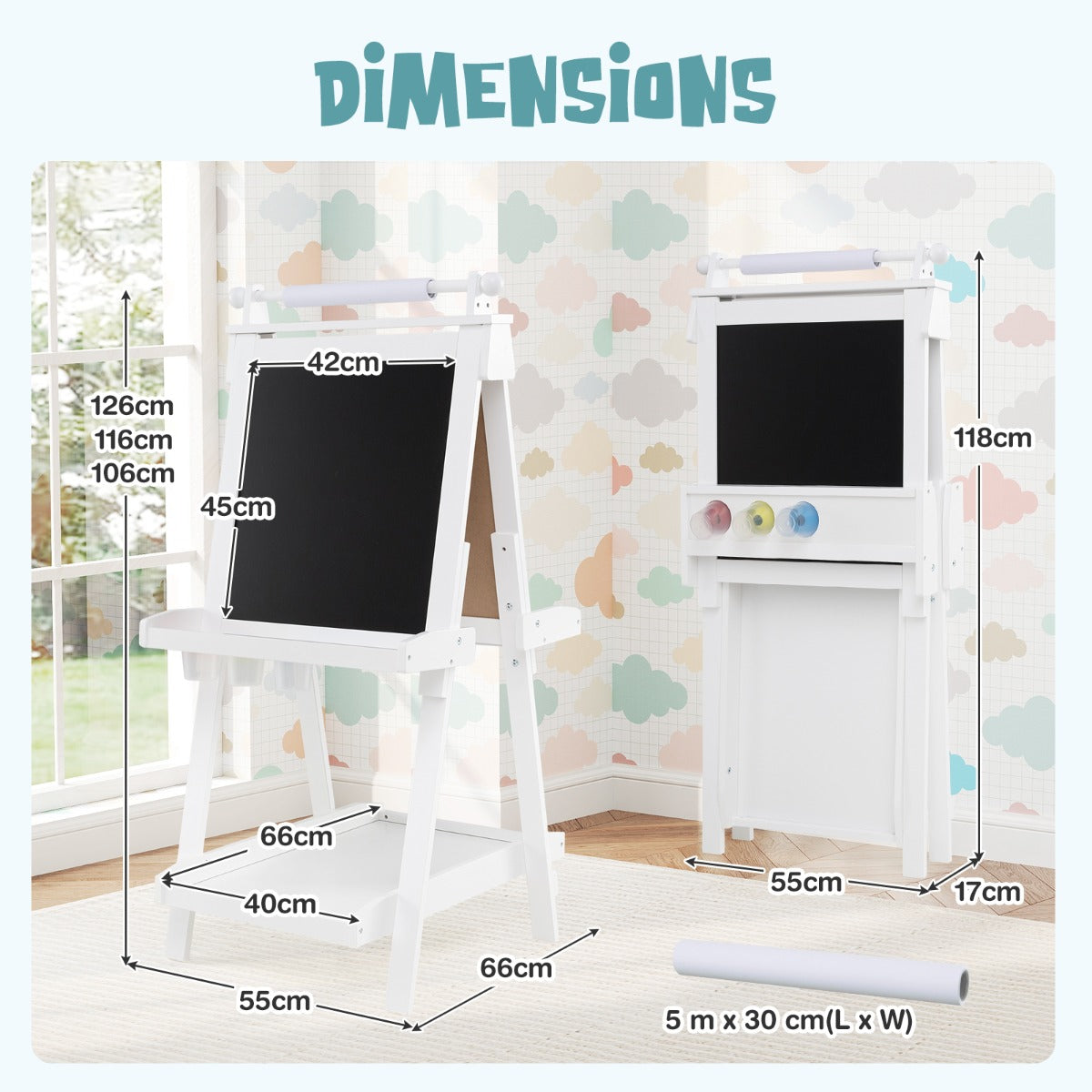 LIVSK Dubbelzijdige Kinderezel - 3-in-1 met Whiteboard en Magnetisch Bord - Verstelbaar van 106 tot 126 cm - Grijs/Wit