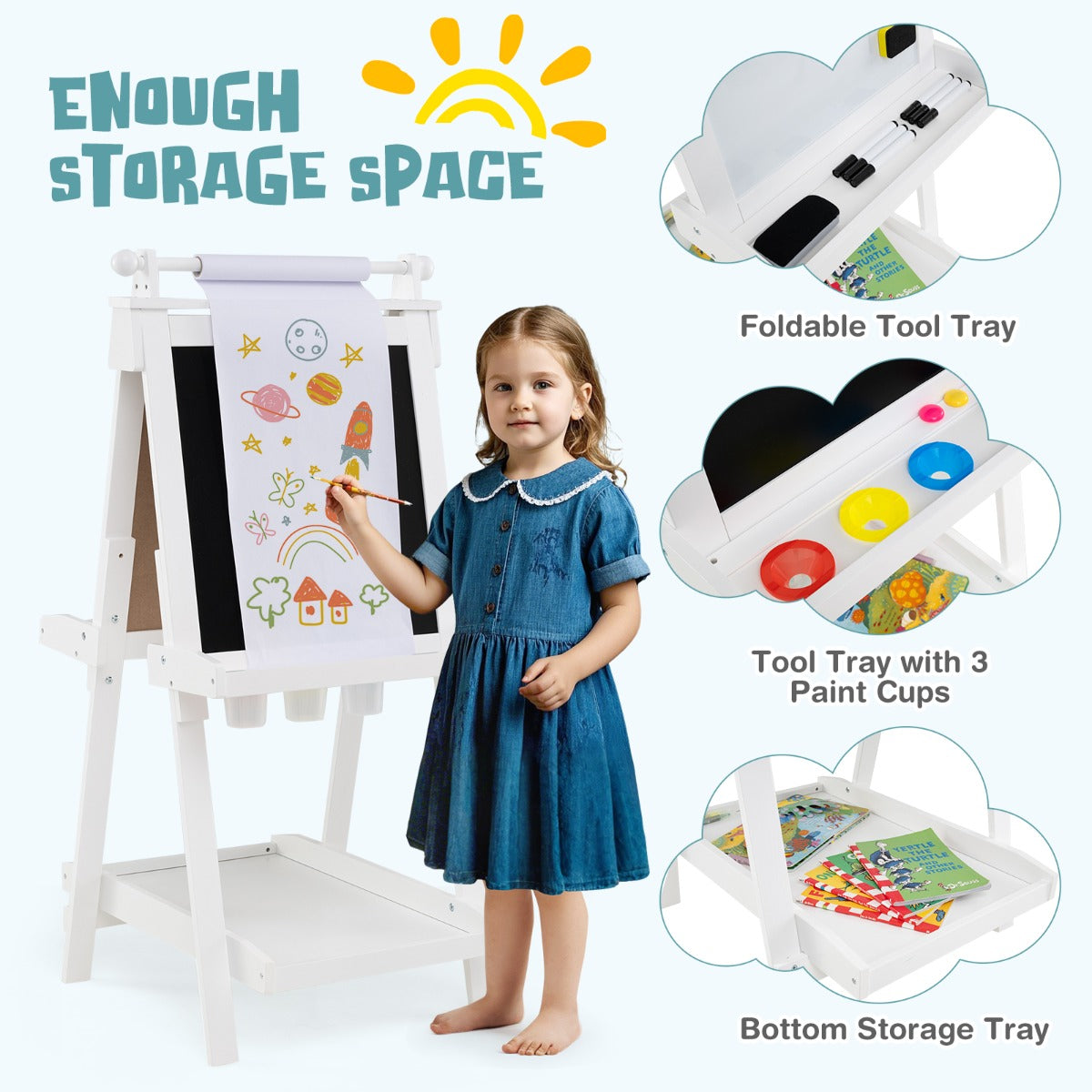 LIVSK Dubbelzijdige Kinderezel - 3-in-1 met Whiteboard en Magnetisch Bord - Verstelbaar van 106 tot 126 cm - Grijs/Wit