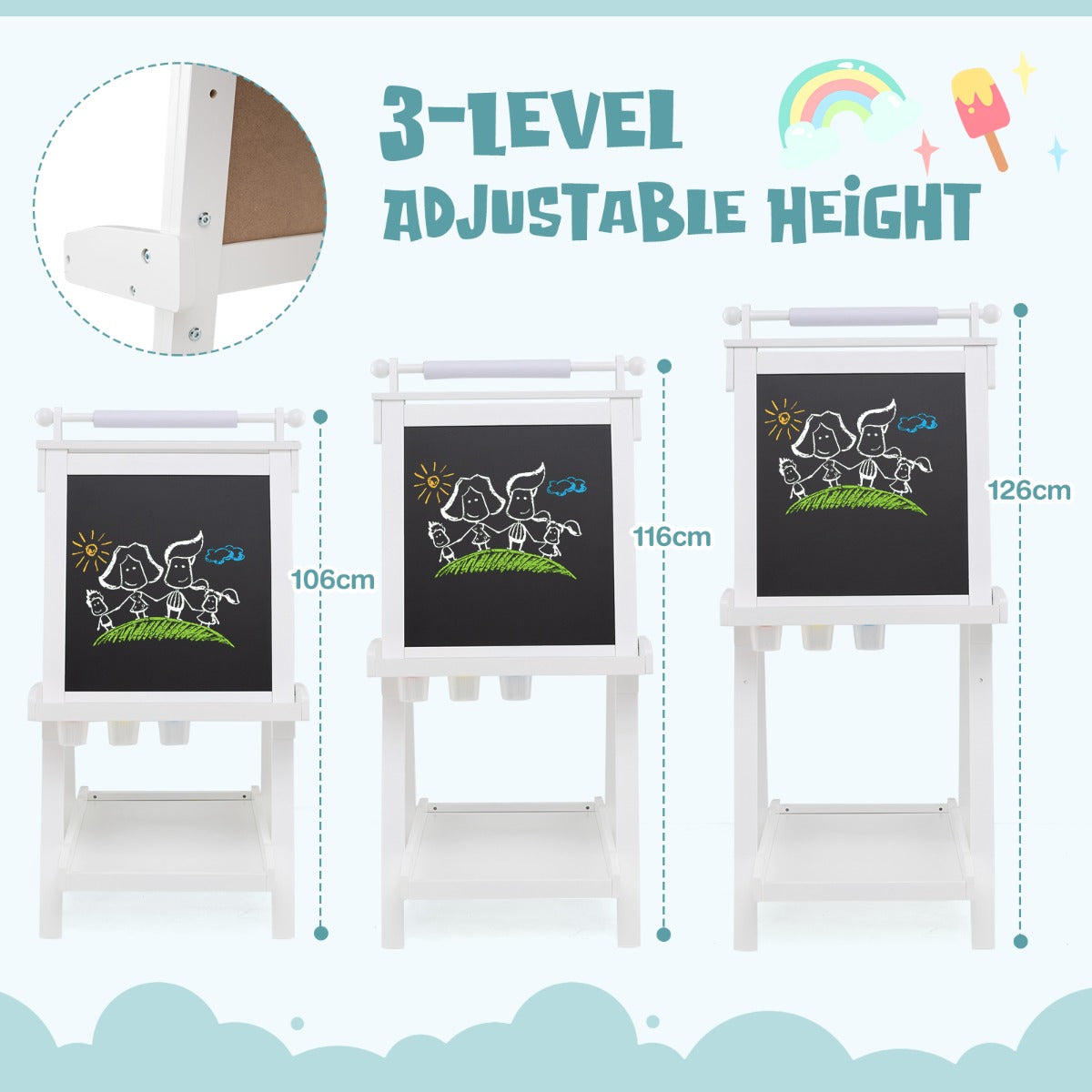 LIVSK Dubbelzijdige Kinderezel - 3-in-1 met Whiteboard en Magnetisch Bord - Verstelbaar van 106 tot 126 cm - Grijs/Wit