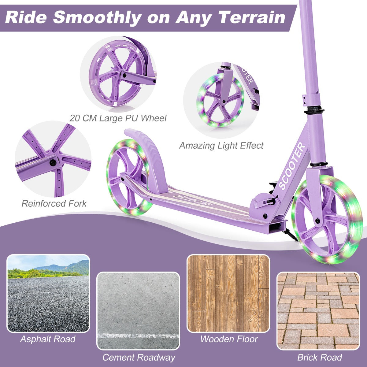 LIVSK Sportstep voor Kinderen - Inklapbaar - Verstelbaar Stuur - Ledlampen in Wielen - Tot 100 kg - Paars