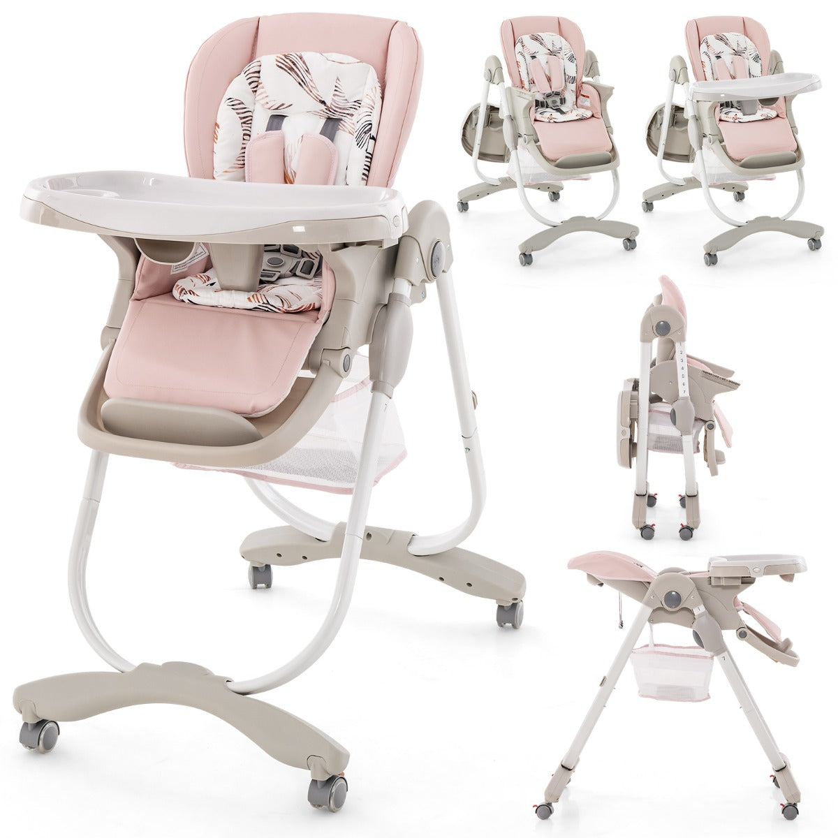 Livsk costway opvouwbare kinderstoel voor babys met wielen in hoogte verstelbaar voetensteun en rugleuning verwijderbaar dienblad roze