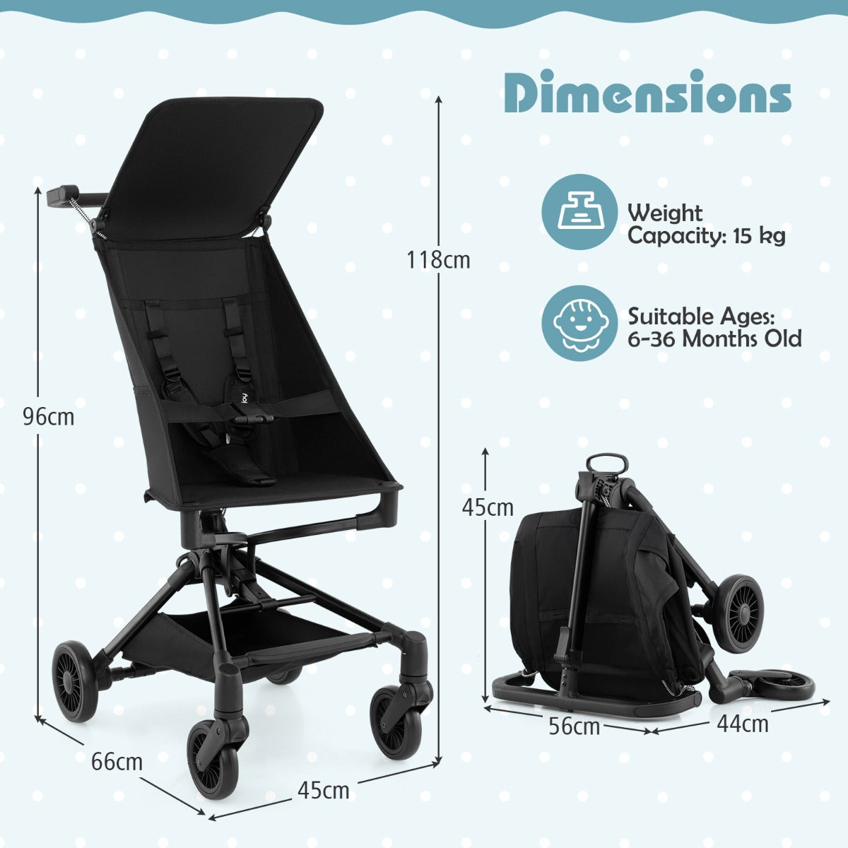 LIVSK Opvouwbare Kinderwagen - Lichtgewicht 5 kg - All-terrain Wielen - Compact voor Vliegtuigen - Voor Kinderen tot 15 kg - Zwart