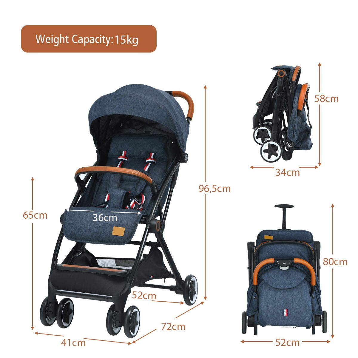 LIVSK Opvouwbare Kinderwagen - Verstelbare Rugleuning - 5-Puntsveiligheidsgordel - Uittrekbare Zonnekap - Ruime Opbergmand - Blauw