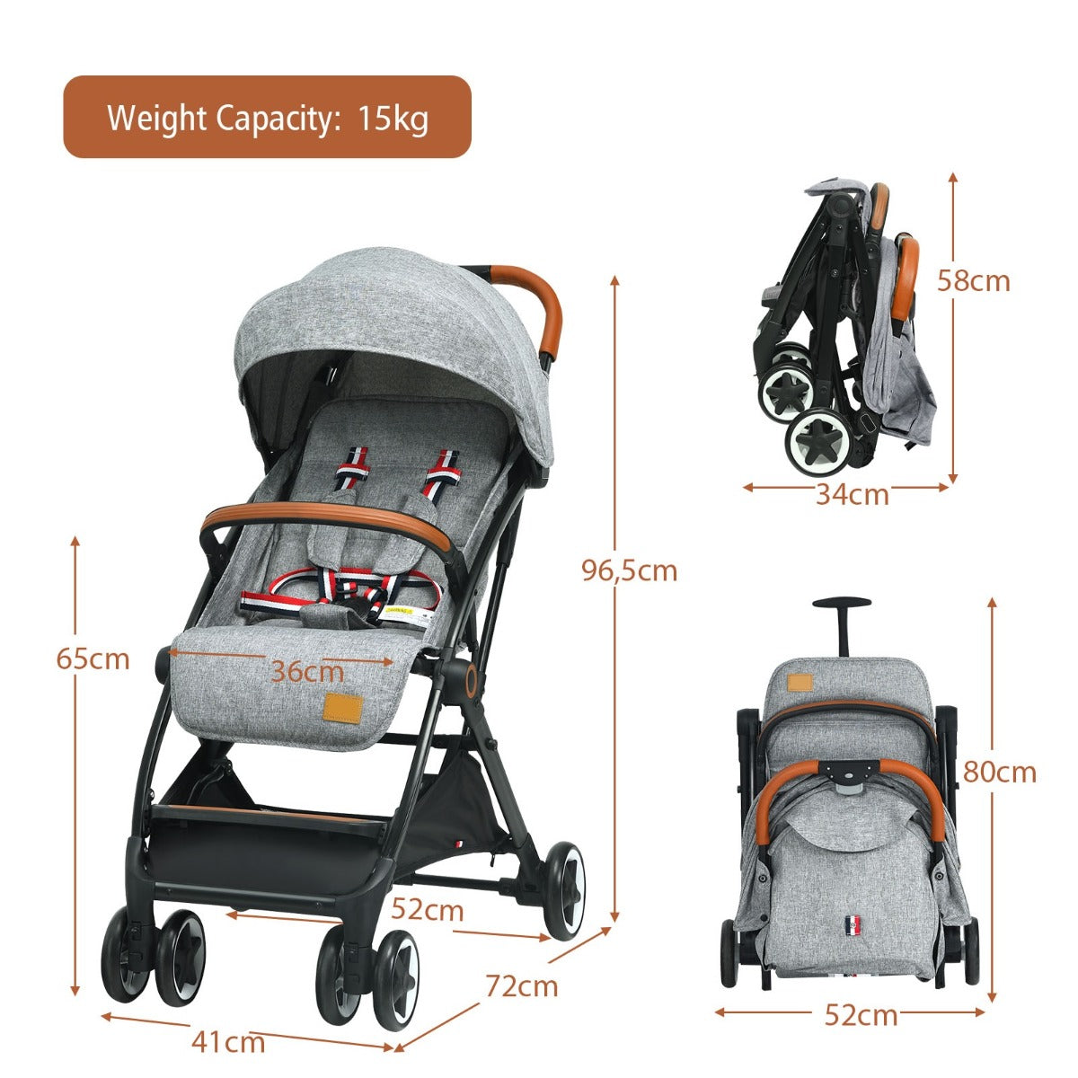 LIVSK Opvouwbare Kinderwagen - Verstelbare Rugleuning - Lichtgewicht Aluminium - 5-puntsveiligheidsgordel - Tot 15 kg - Grijs