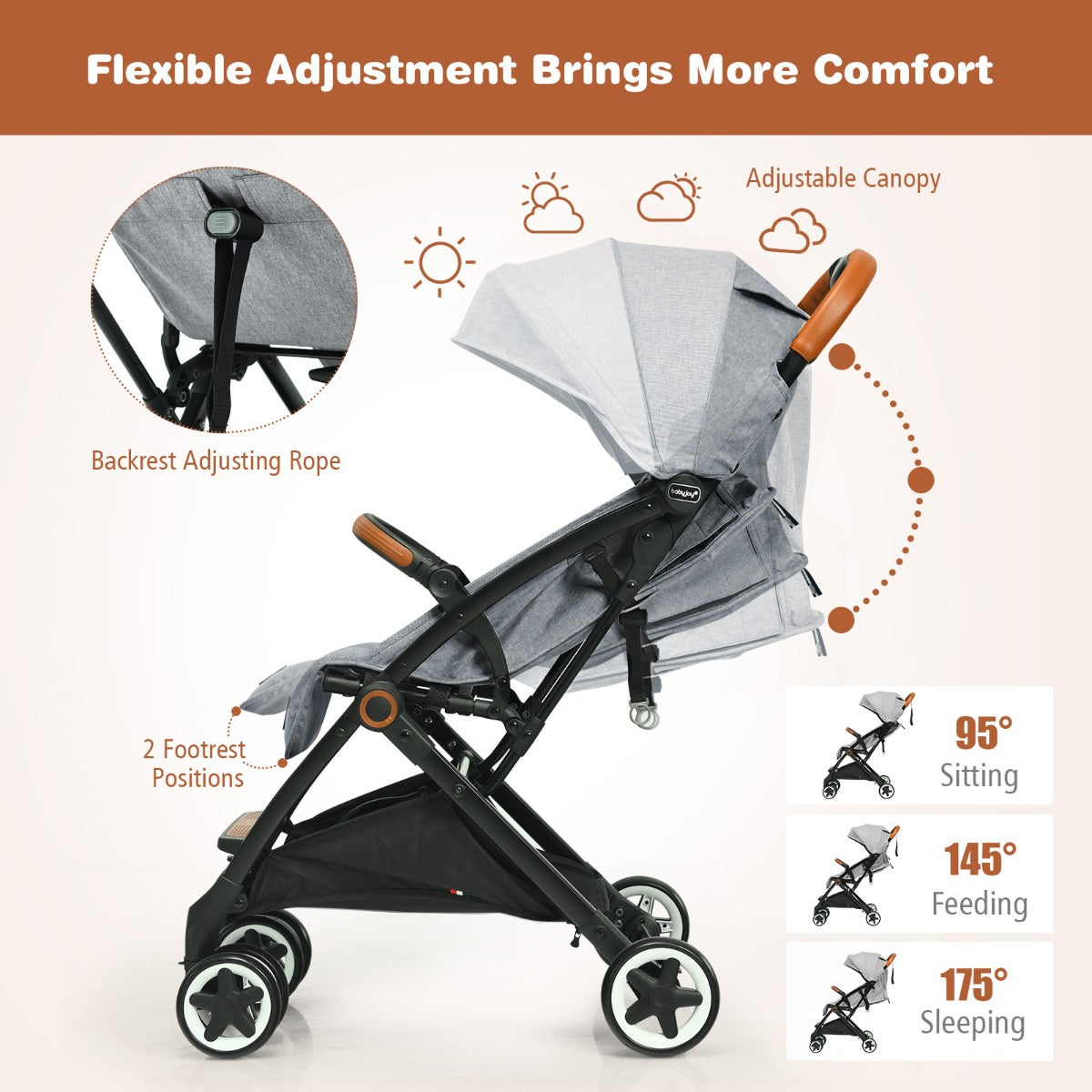 LIVSK Opvouwbare Kinderwagen - Verstelbare Rugleuning - Lichtgewicht Aluminium - 5-puntsveiligheidsgordel - Tot 15 kg - Grijs