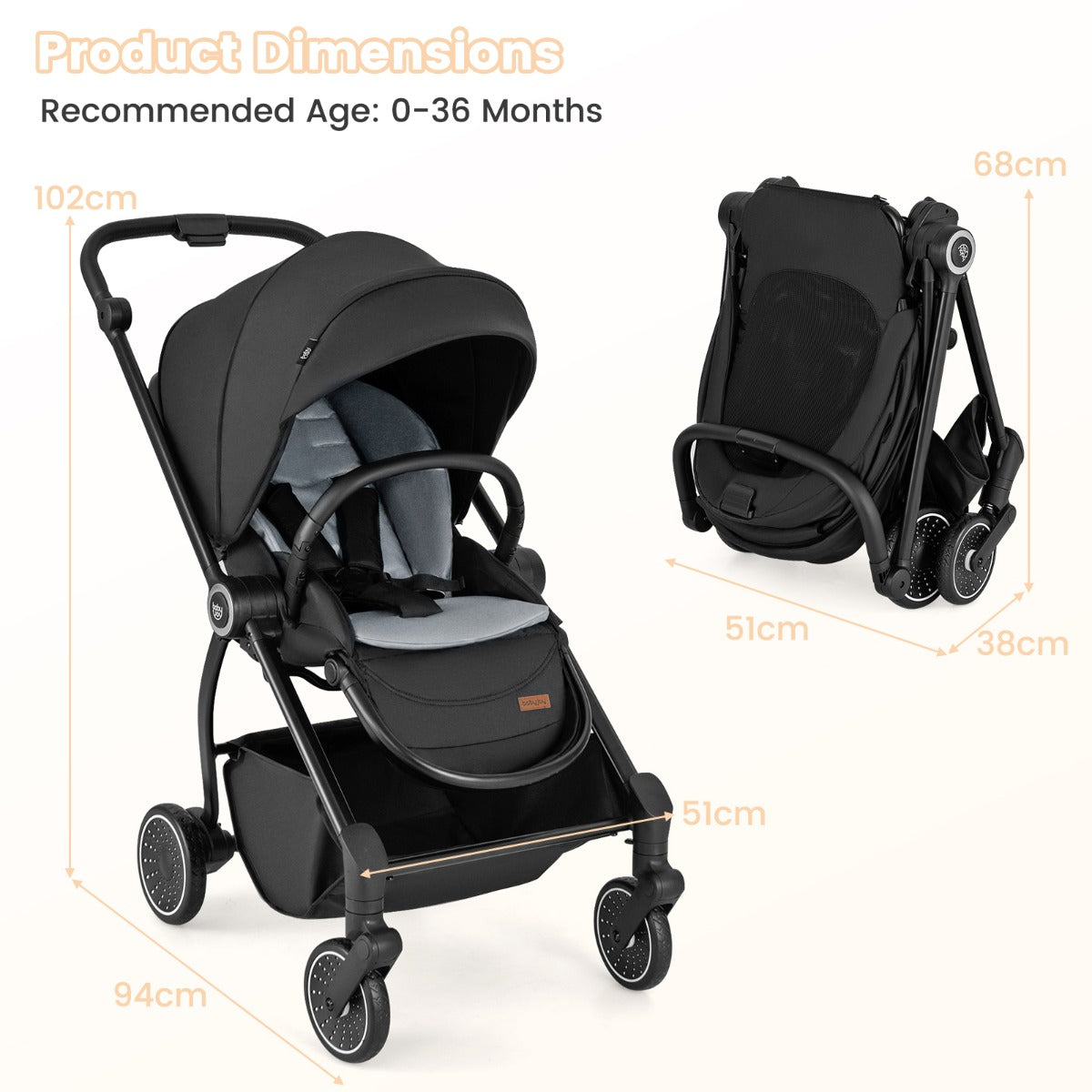 Livsk costway opvouwbare kinderwagen met omkeerbare zitting verstelbare rugleuning verstelbare kap handgreep aluminium kinderwagen zwart 1
