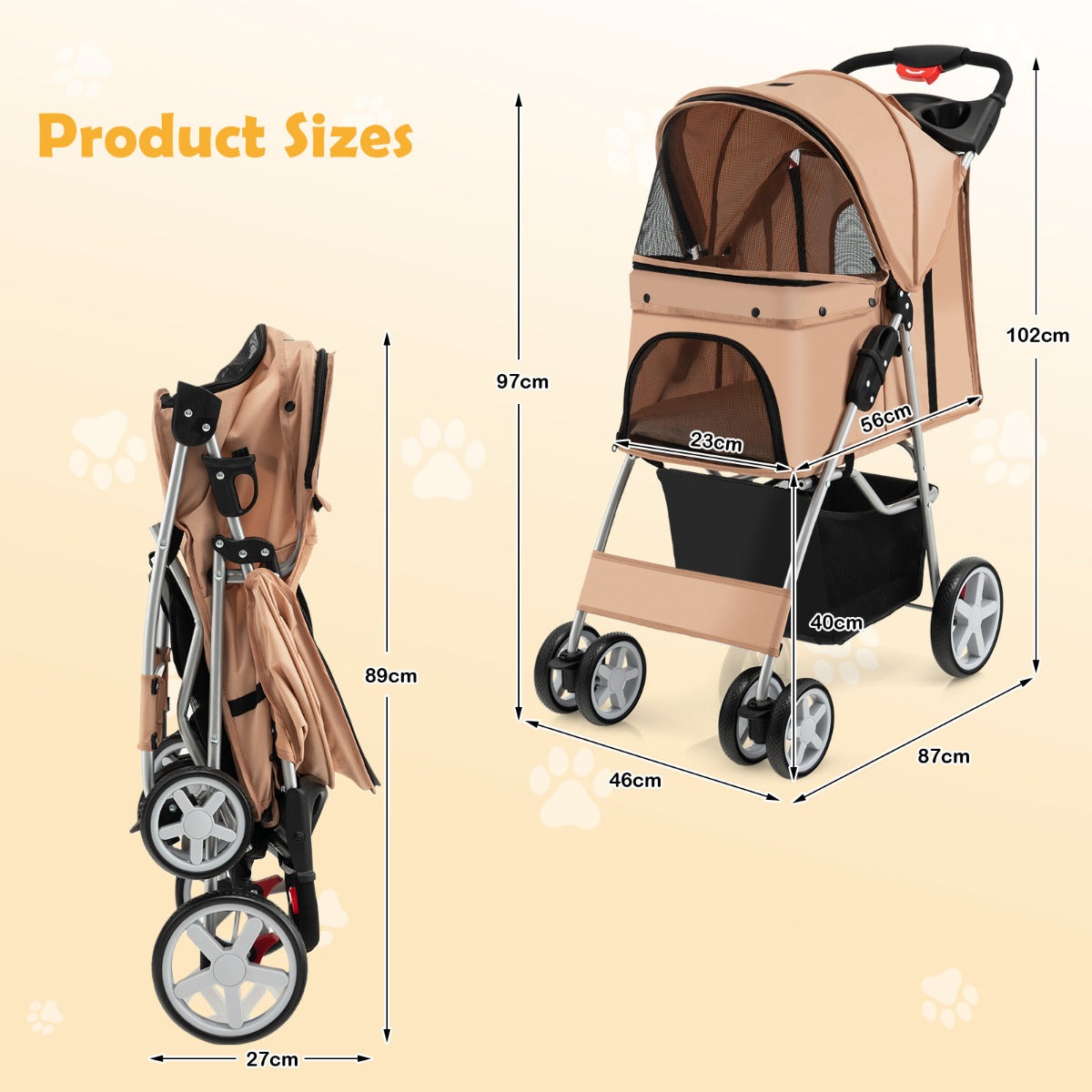 LIVSK Draagbare Dierenwagen - Opvouwbaar met Bekerhouder - Ademend Ontwerp - Voor Huisdieren tot 40,5 cm - Beige