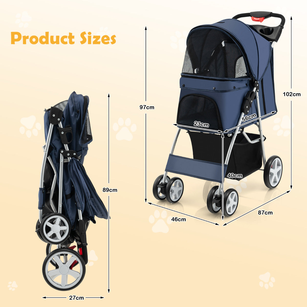 LIVSK Draagbare Dierenwagen - Opvouwbaar met Gaasramen - Bekerhouder - Opbergmand - Tot 15 kg - Donkerblauw