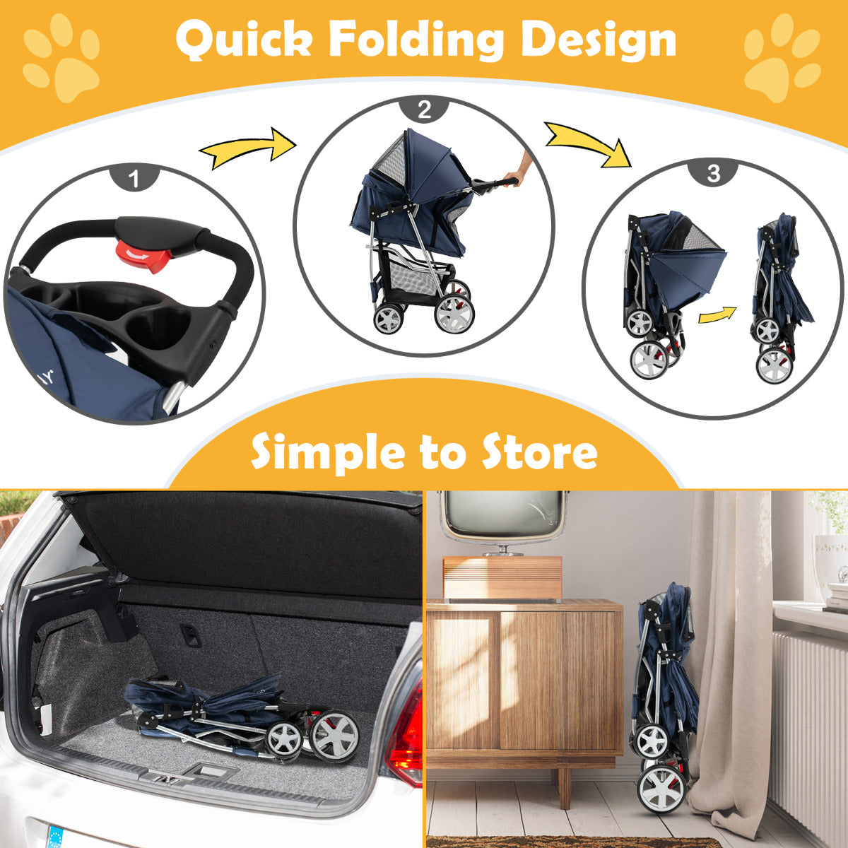 LIVSK Draagbare Dierenwagen - Opvouwbaar met Gaasramen - Bekerhouder - Opbergmand - Tot 15 kg - Donkerblauw