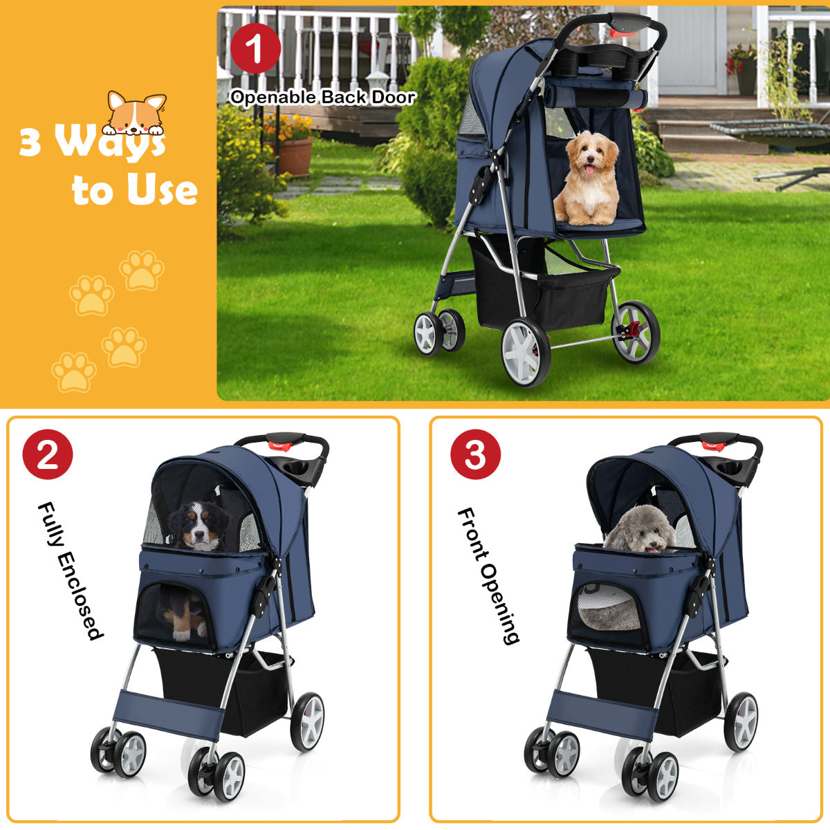 LIVSK Draagbare Dierenwagen - Opvouwbaar met Gaasramen - Bekerhouder - Opbergmand - Tot 15 kg - Donkerblauw