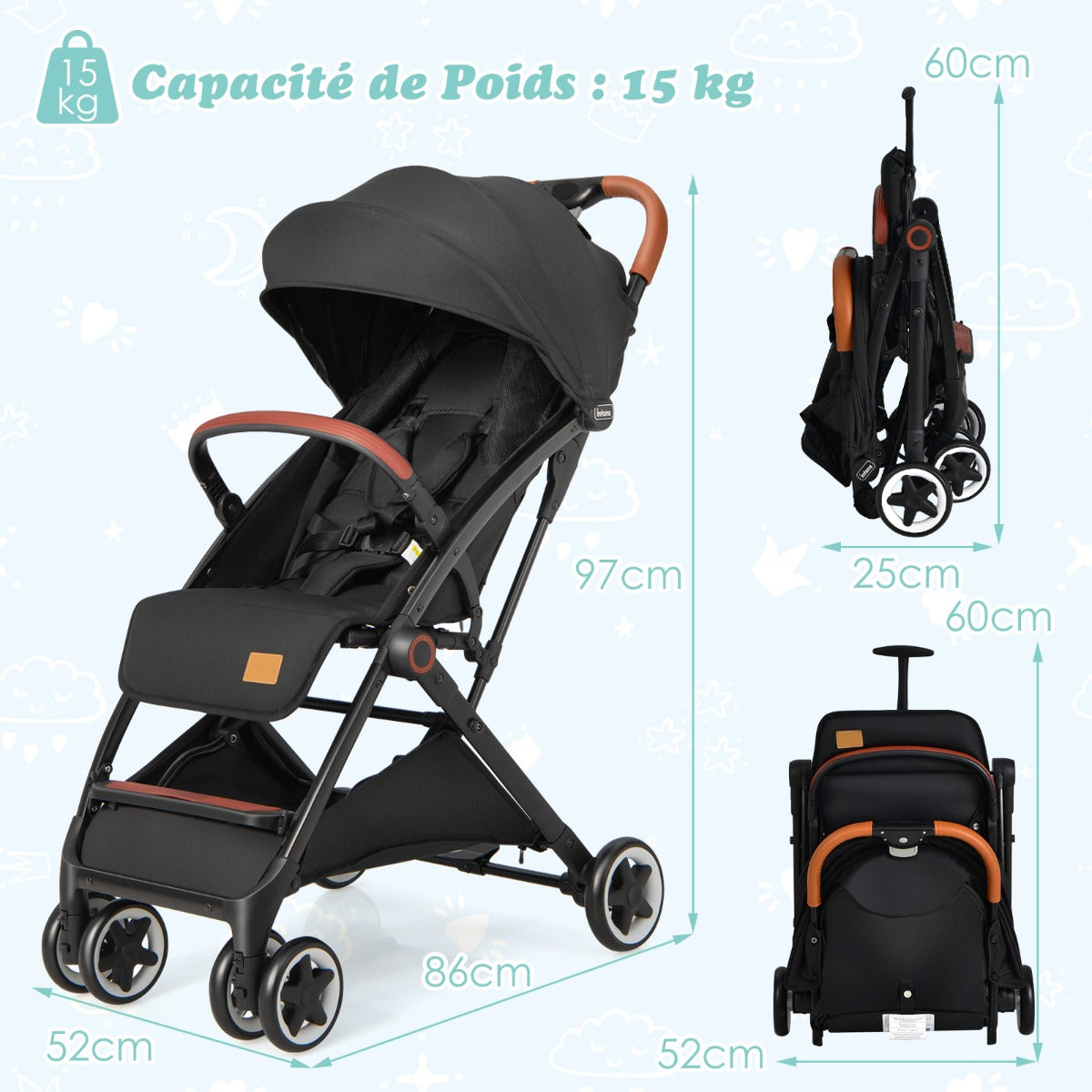 LIVSK Lichtgewicht Kinderwagen - Verstelbare Zonnekap - 5-Punts Veiligheidsgordel - Opvouwbaar - Zwart