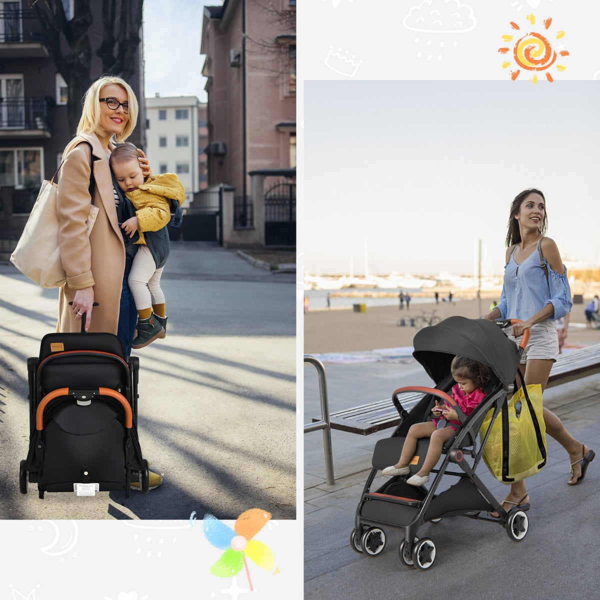 LIVSK Lichtgewicht Kinderwagen - Verstelbare Zonnekap - 5-Punts Veiligheidsgordel - Opvouwbaar - Zwart