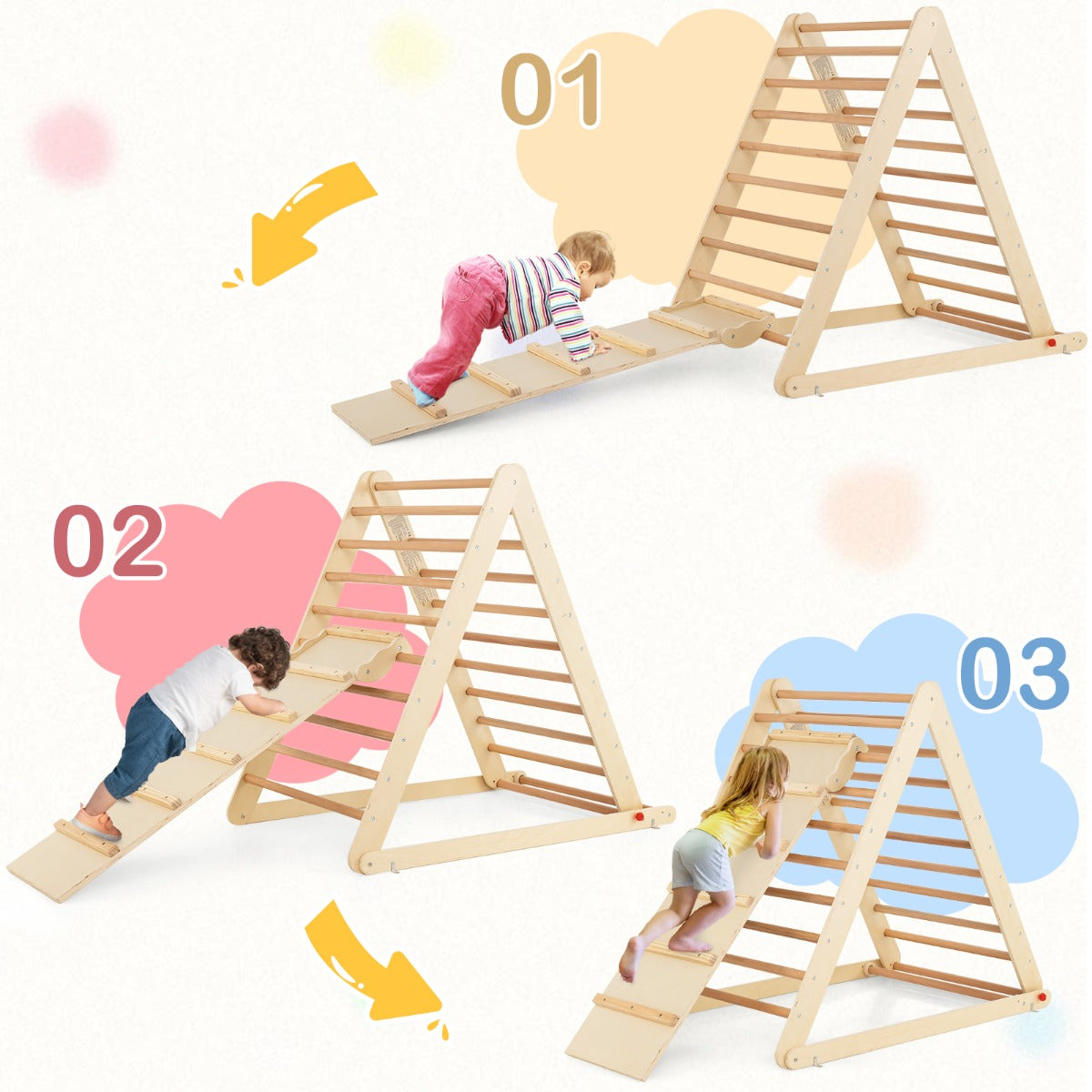 LIVSK Opvouwbare Klimdriehoek - 2-in-1 met Ladder en Glijbaan - Veilig Natuurlijk Hout - Voor Kinderen 3+ - Kleurrijk