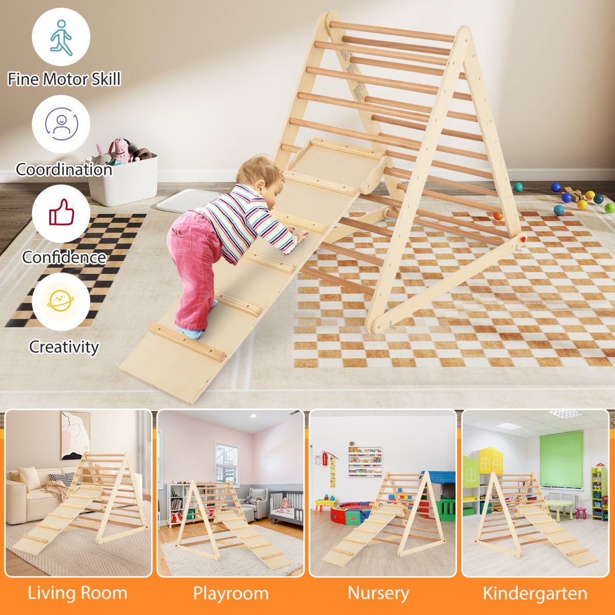 LIVSK Opvouwbare Klimdriehoek - 2-in-1 met Ladder en Glijbaan - Veilig Natuurlijk Hout - Voor Kinderen 3+ - Kleurrijk