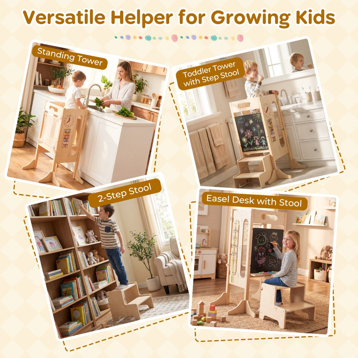 Livsk costway opvouwbare leertoren 4 in 1 houten opstapje met 2 treden en bord 6