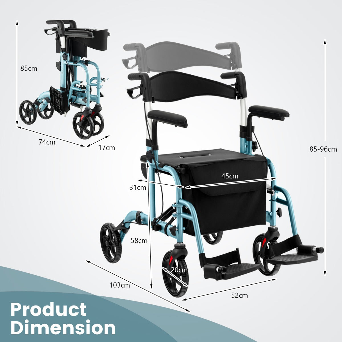 LIVSK Opvouwbare 2-in-1 Rollator en Rolstoel - Lichtgewicht - Hoogteverstelbaar - Tot 136 kg - Met Handrem - Blauw