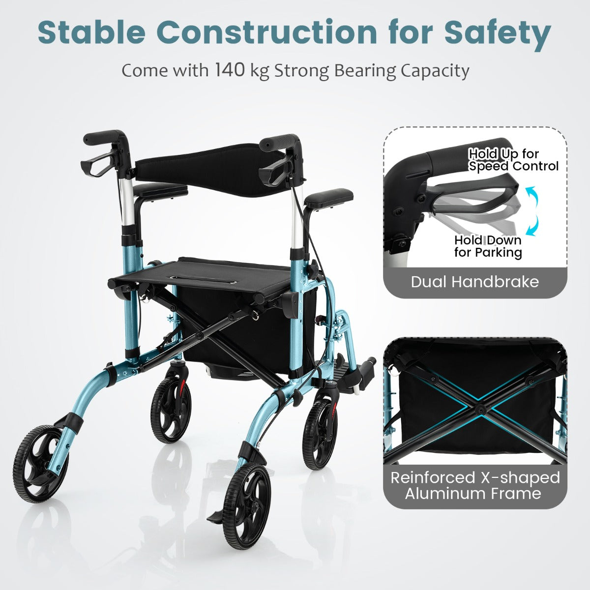 LIVSK Opvouwbare 2-in-1 Rollator en Rolstoel - Lichtgewicht - Hoogteverstelbaar - Tot 136 kg - Met Handrem - Blauw