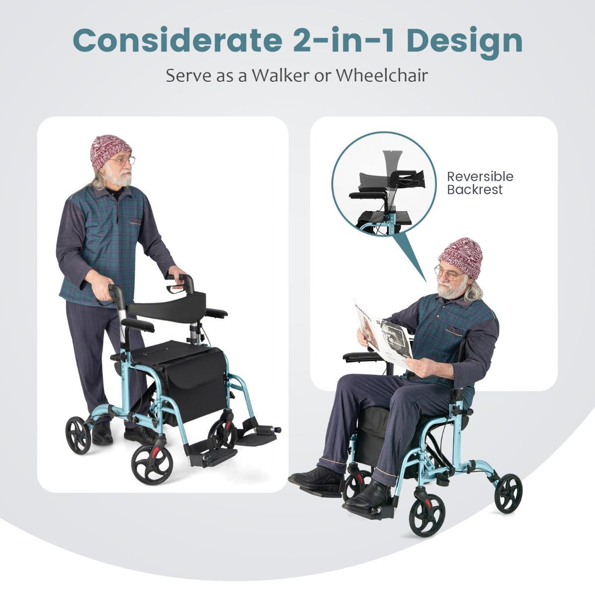 LIVSK Opvouwbare 2-in-1 Rollator en Rolstoel - Lichtgewicht - Hoogteverstelbaar - Tot 136 kg - Met Handrem - Blauw