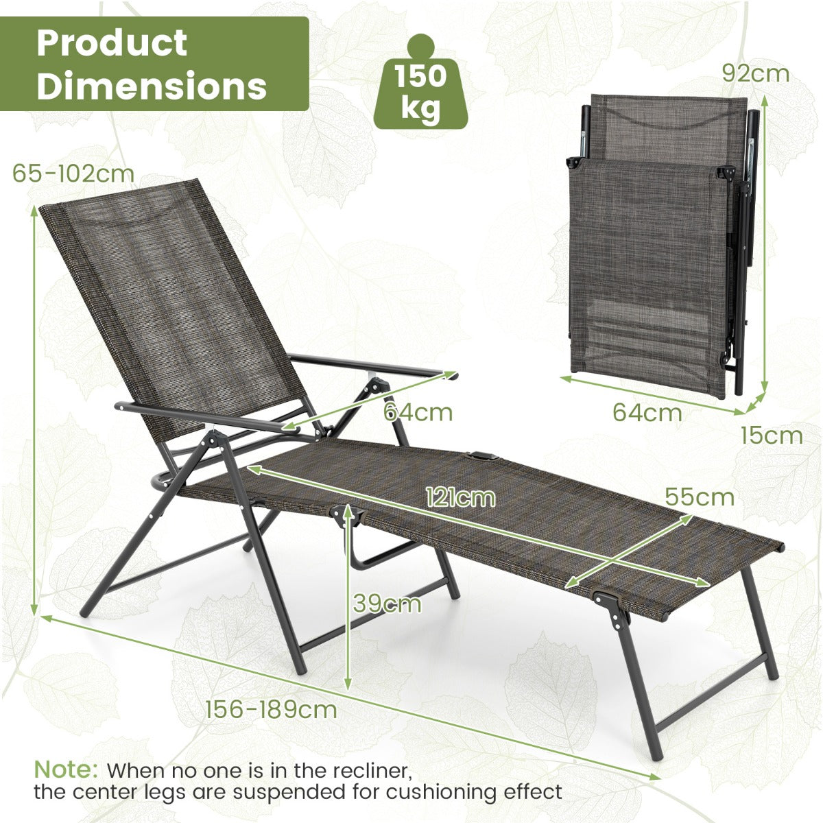 LIVSK Verstelbare Opvouwbare Terrasligstoelen - 6 Rugleuningstanden - Compact Vouwbaar - Tot 150 kg - Bruin
