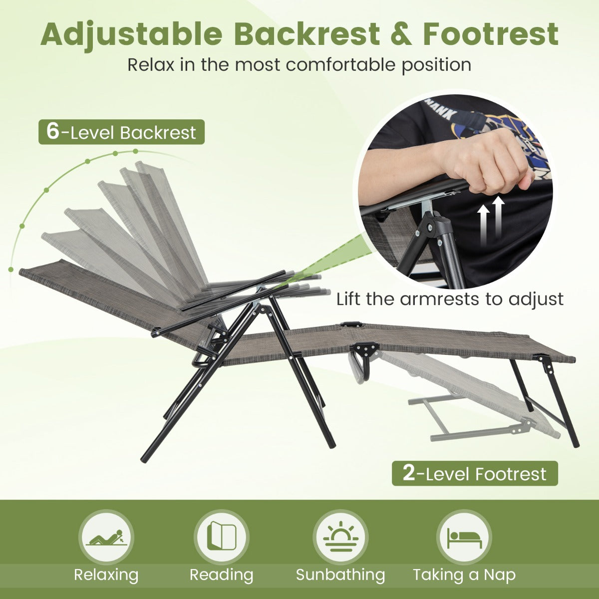 LIVSK Verstelbare Opvouwbare Terrasligstoelen - 6 Rugleuningstanden - Compact Vouwbaar - Tot 150 kg - Bruin