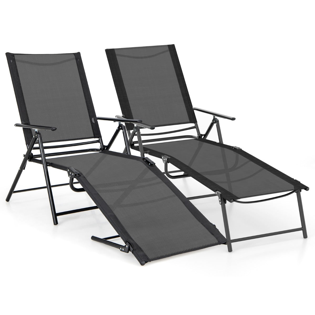 LIVSK Terrasligstoelen - 2 Stuks met 6 Verstelbare Standen - Compact Opvouwbaar - Duurzaam Metaal en Stof - Max. 150 kg - Zwart