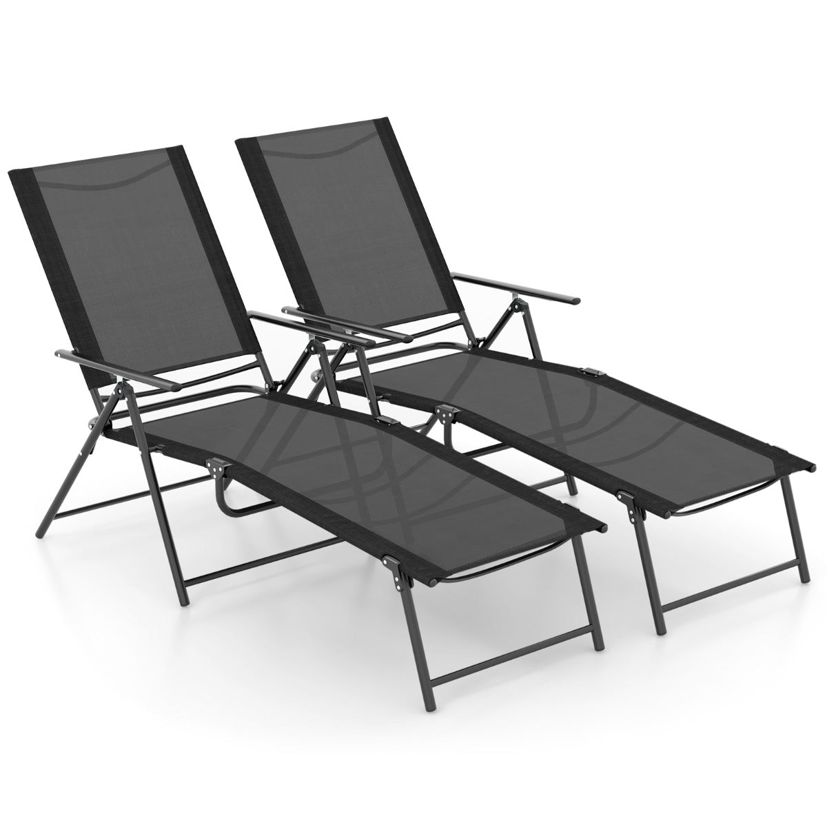 LIVSK Terrasligstoelen - 2 Stuks met 6 Verstelbare Standen - Compact Opvouwbaar - Duurzaam Metaal en Stof - Max. 150 kg - Zwart
