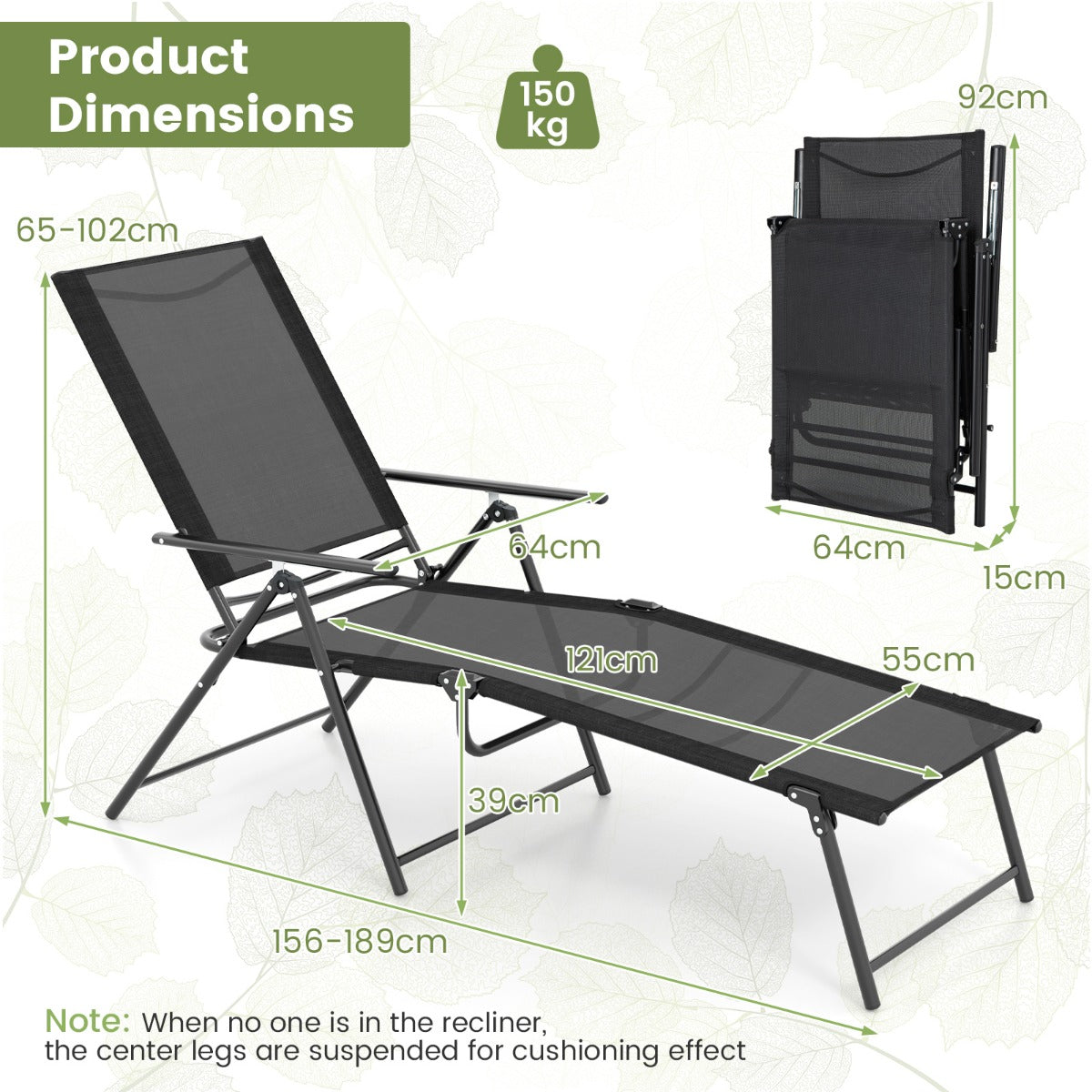 LIVSK Terrasligstoelen - 2 Stuks met 6 Verstelbare Standen - Compact Opvouwbaar - Duurzaam Metaal en Stof - Max. 150 kg - Zwart