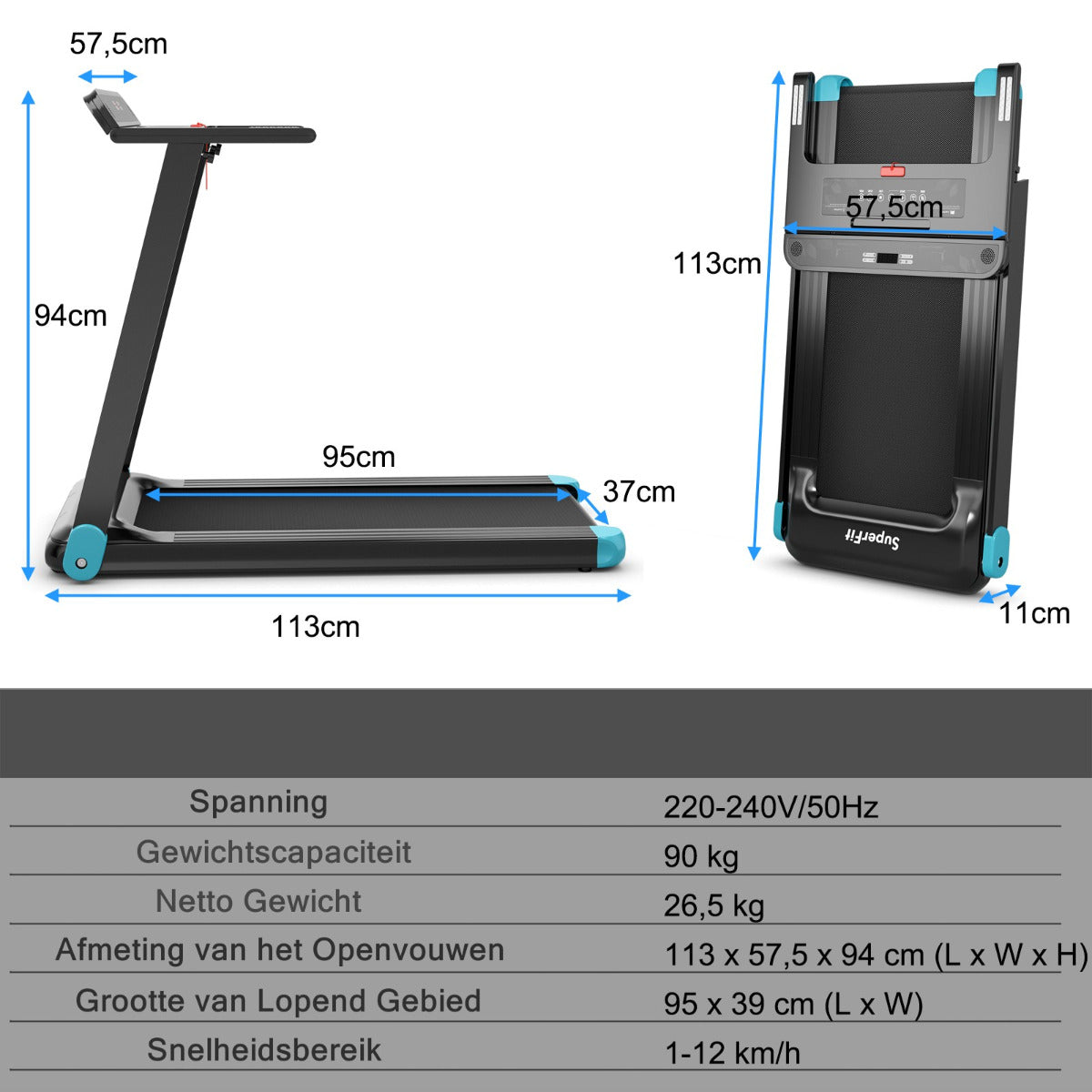 LIVSK Opvouwbare Elektrische Loopband - Bluetooth Luidspreker - GYMAX APP - 90 kg - 113 x 57,5 x 94 cm - Marineblauw+Zwart