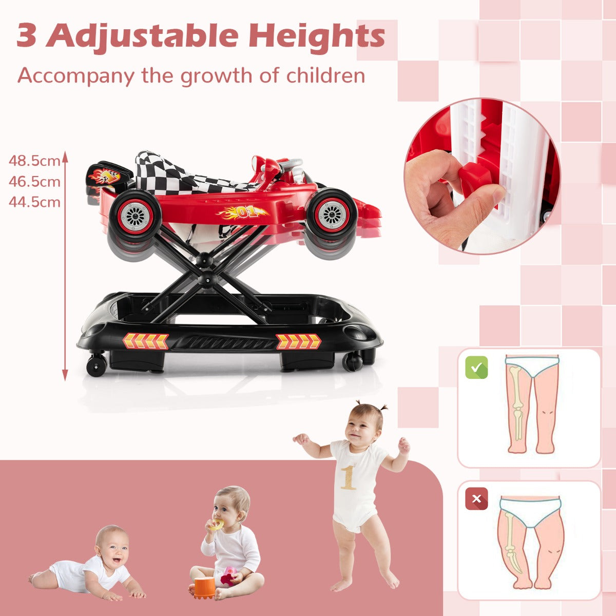LIVSK Loopstoeltje - Verstelbaar in 3 Hoogtes - Interactief Raceauto-Design - Antislip - Ergonomisch - Rood