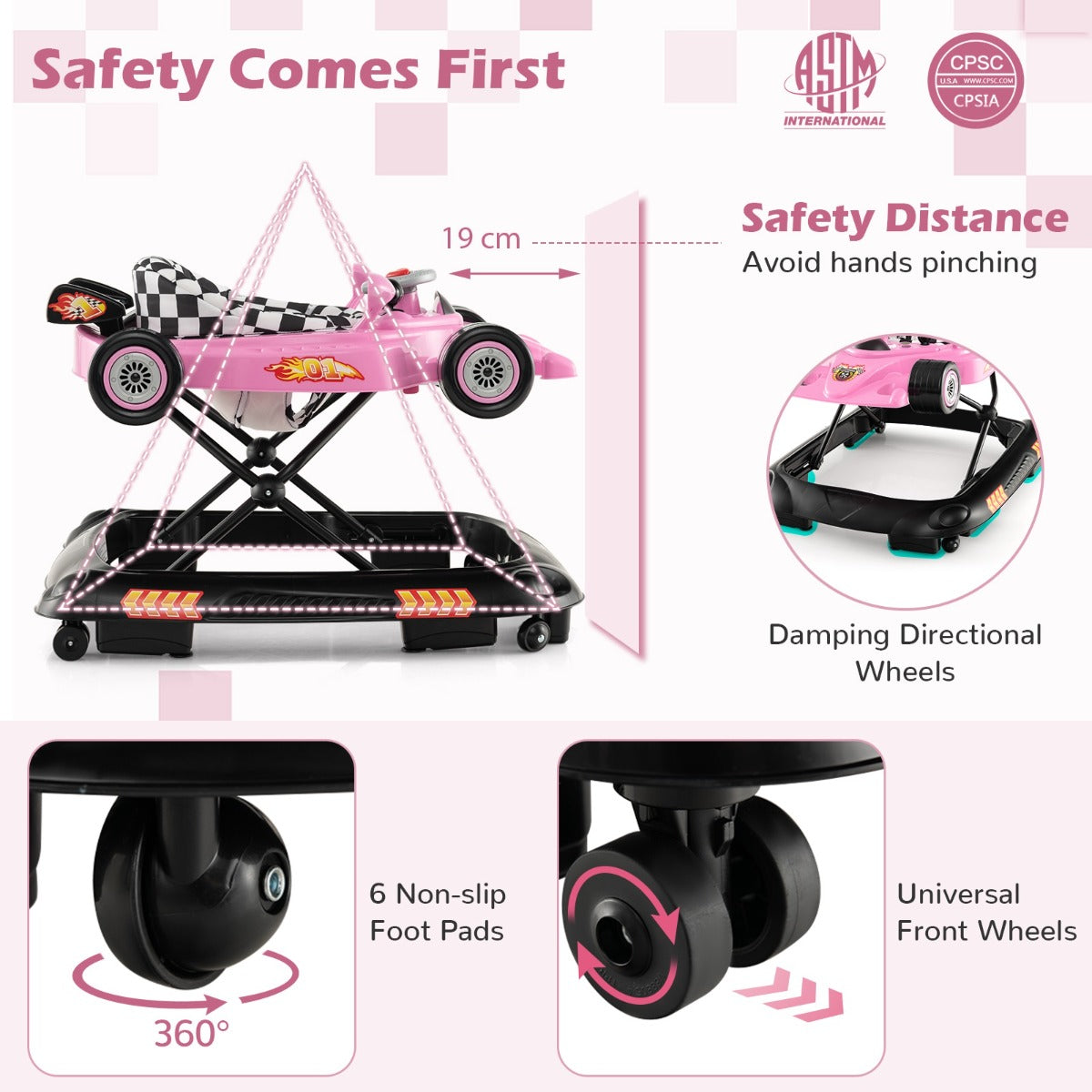 LIVSK Loopstoeltje - Raceauto Ontwerp - 3 Verstelbare Hoogtes - Interactieve Functies - Veilig en Comfortabel - Roze
