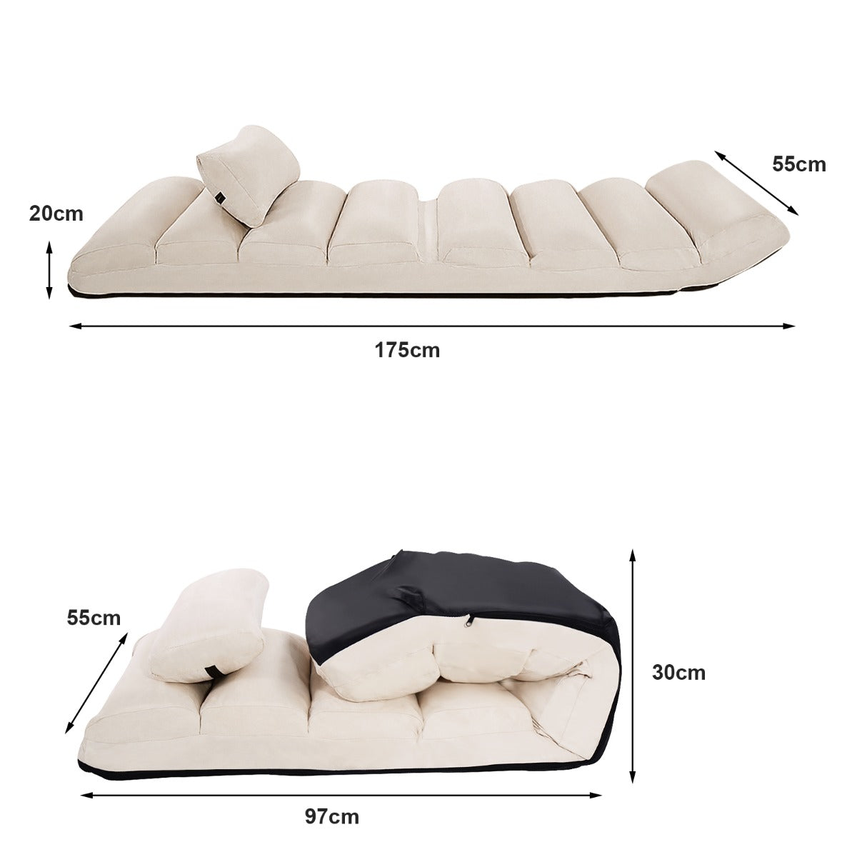 LIVSK Opvouwbare Luie Bank - 5 Verstelbare Posities - Gewatteerd Kunstsuède - Draagvermogen 100 kg - 175 x 55 x 25 cm - Beige