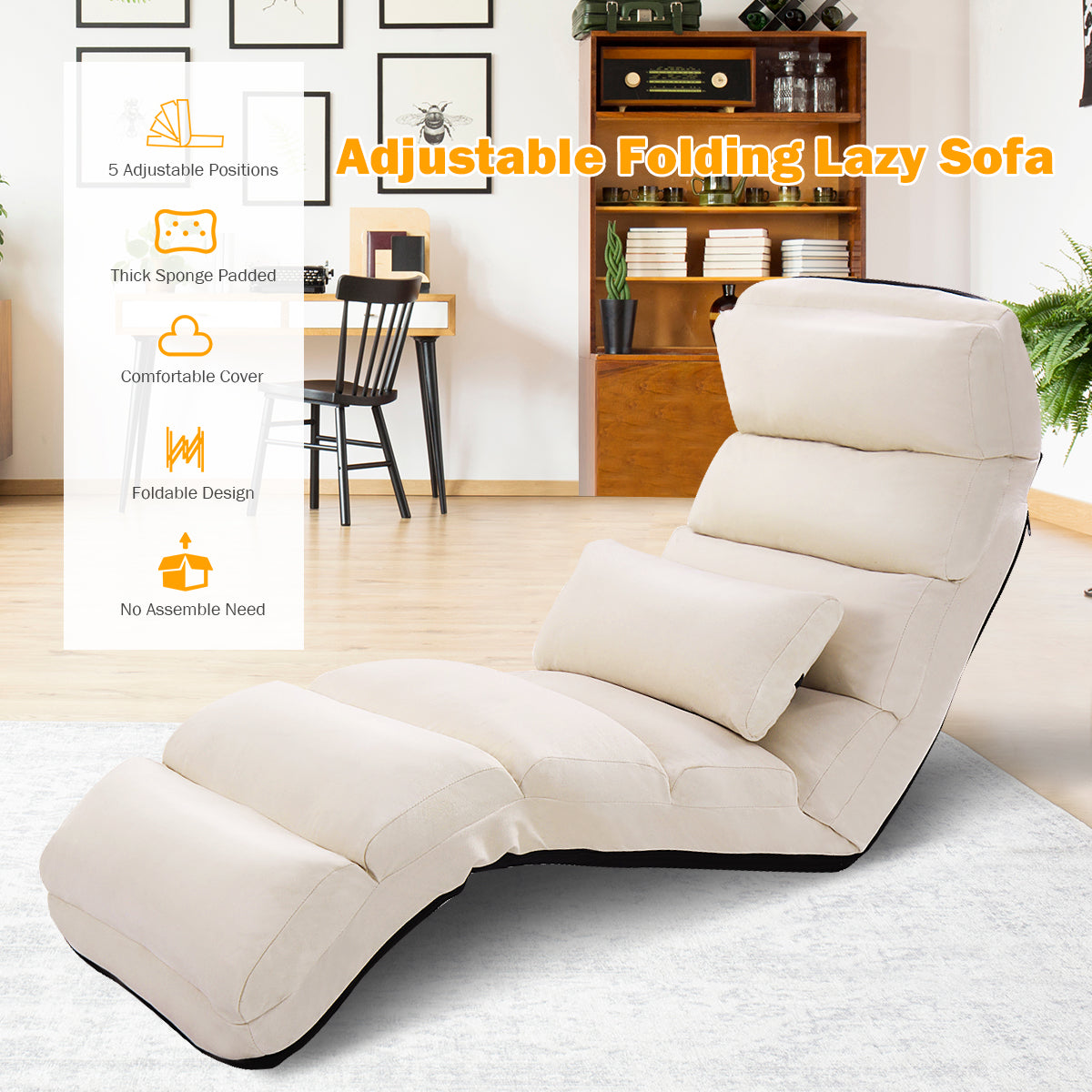 LIVSK Opvouwbare Luie Bank - 5 Verstelbare Posities - Gewatteerd Kunstsuède - Draagvermogen 100 kg - 175 x 55 x 25 cm - Beige