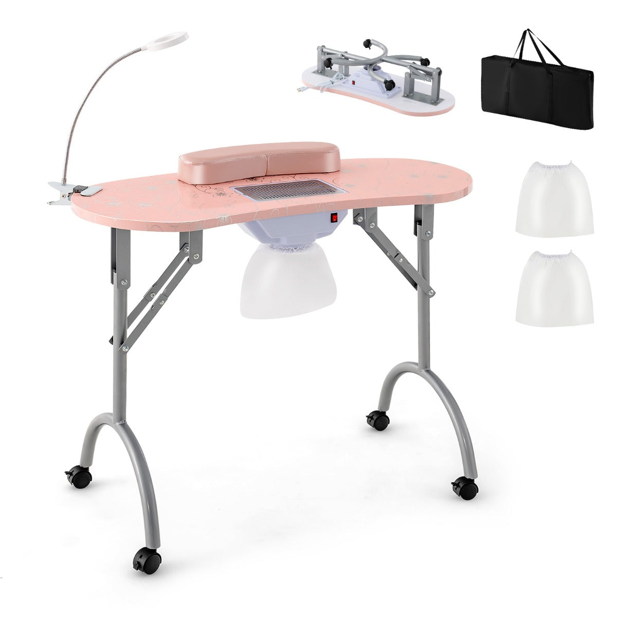LIVSK Opvouwbare Manicure Tafel met Elektrische Stofzuiger - Draagbaar - Flexibele LED - verlichting - Zachte Polssteun - Roze