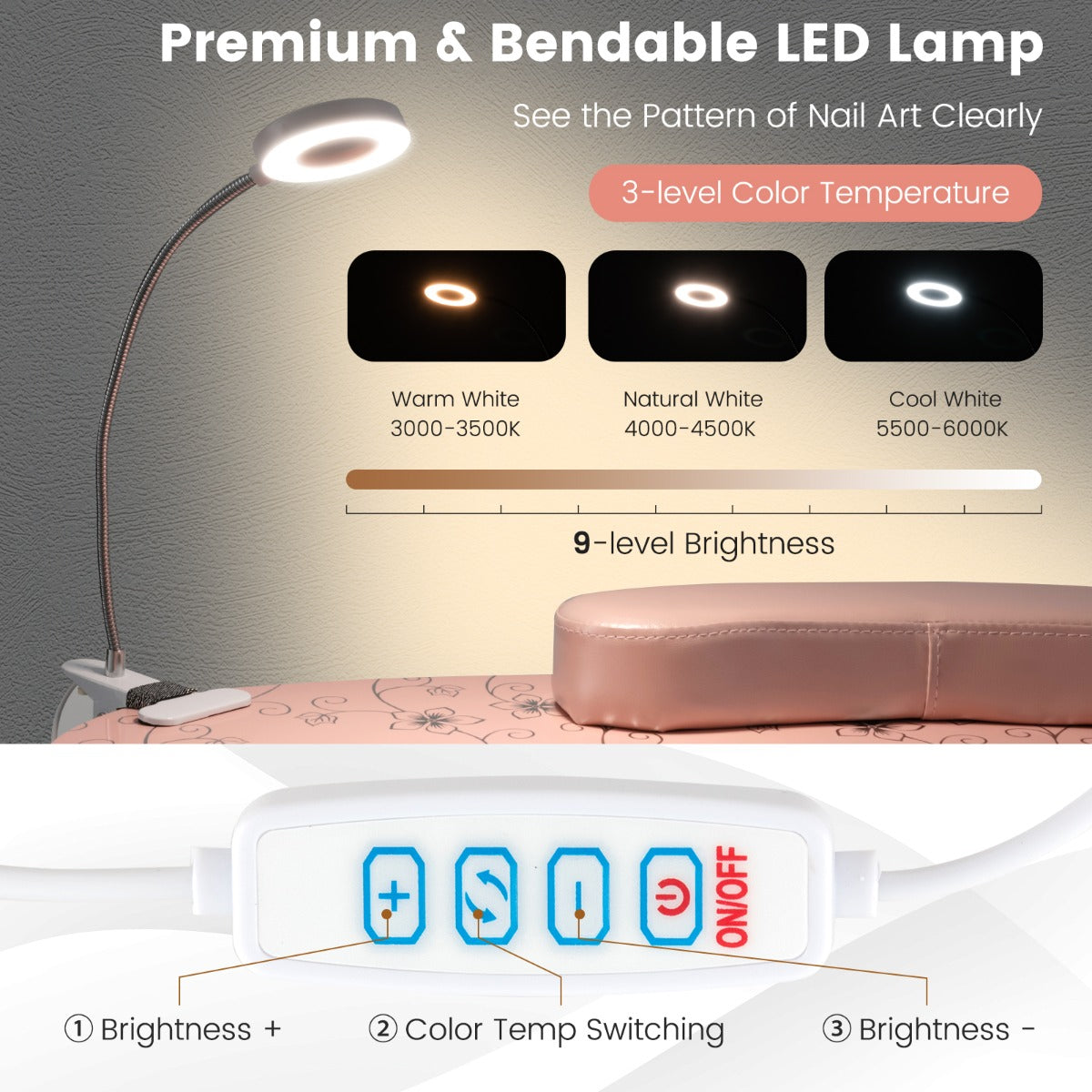 LIVSK Opvouwbare Manicure Tafel met Elektrische Stofzuiger - Draagbaar - Flexibele LED - verlichting - Zachte Polssteun - Roze