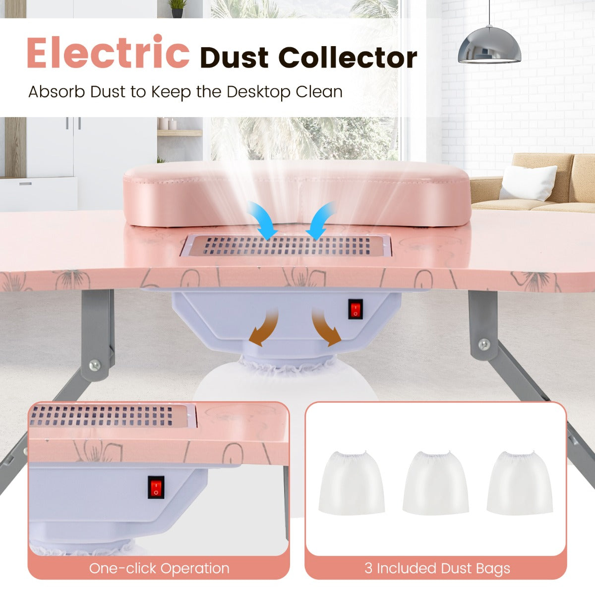 LIVSK Opvouwbare Manicure Tafel met Elektrische Stofzuiger - Draagbaar - Flexibele LED - verlichting - Zachte Polssteun - Roze