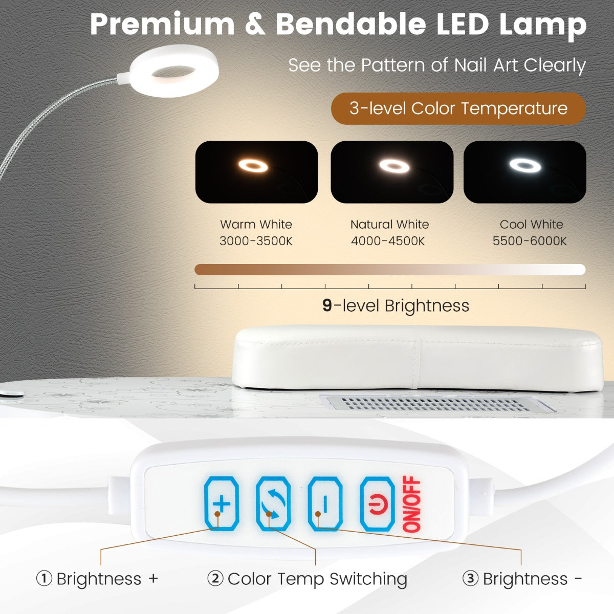 LIVSK Verrijdbare Manicuretafel - Ingebouwde Stofafzuiger - Flexibele LED-lamp - Opvouwbaar met Draagtas - Tot 30 kg - Wit