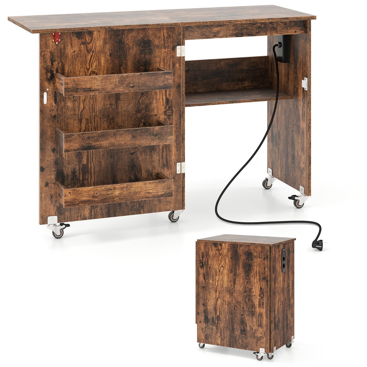 LIVSK Opklapbare Naaitafel - Oplaadstation met USB en Type-C - 5 Wielen - Ruime Opbergruimte - 116 x 41 x 78 cm - Walnoot