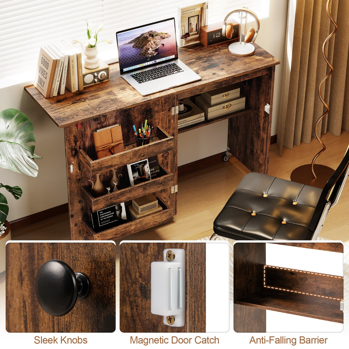 LIVSK Opklapbare Naaitafel - Oplaadstation met USB en Type-C - 5 Wielen - Ruime Opbergruimte - 116 x 41 x 78 cm - Walnoot