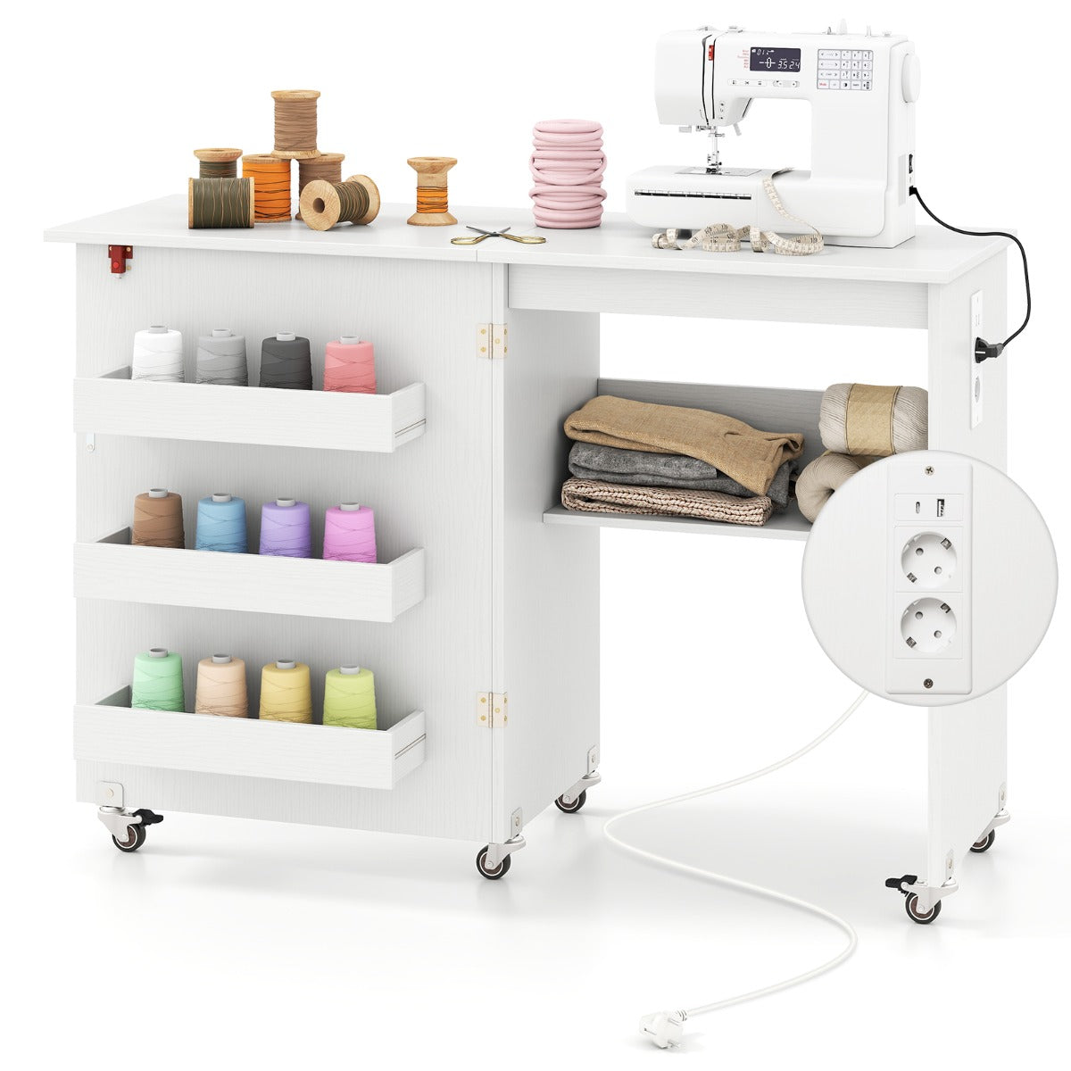 LIVSK Opklapbare Naaitafel met Oplaadstation - Ruimtebesparend en Verrijdbaar - 116 x 41 x 78 cm - Wit