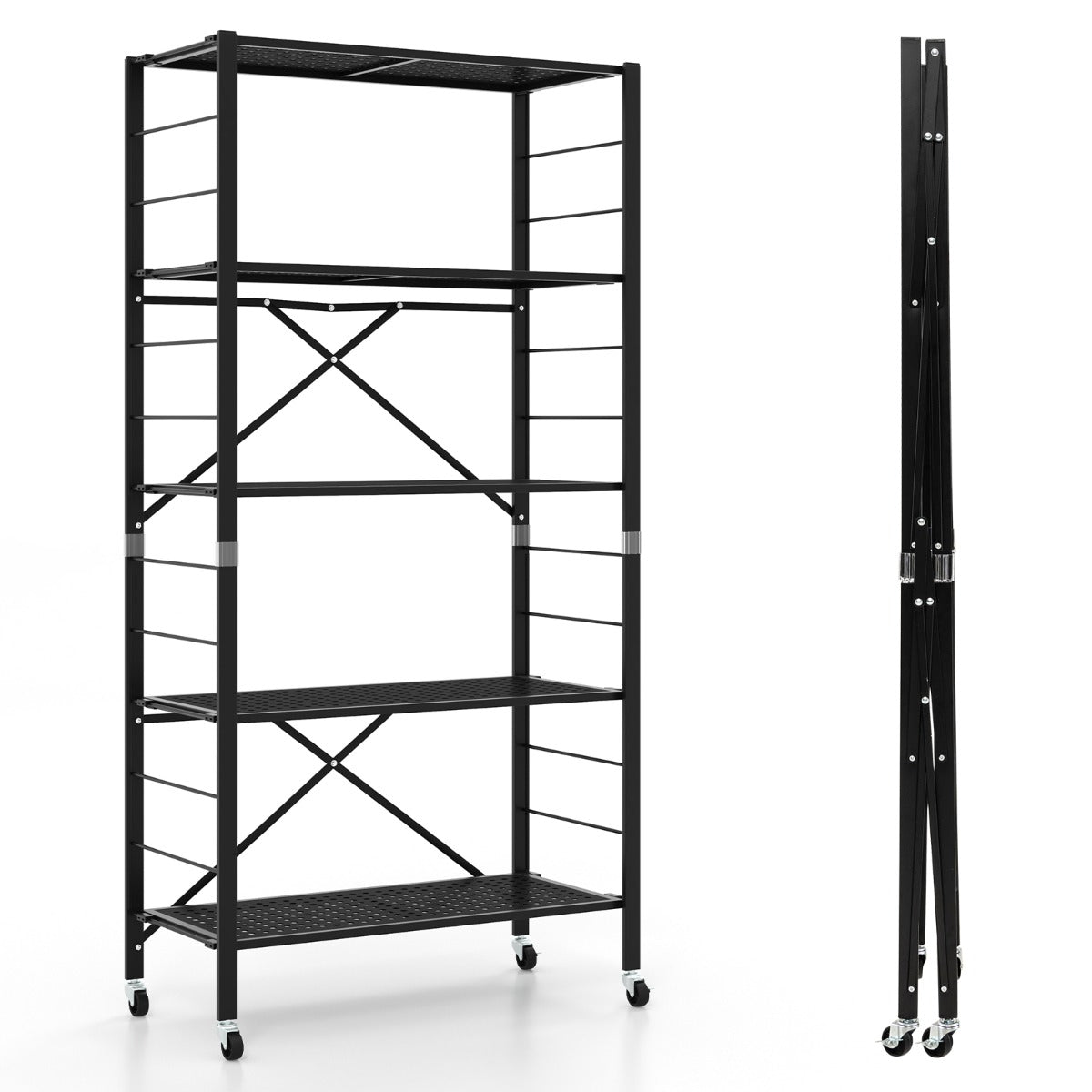 LIVSK 3-in-1 Opbergrek - Verstelbare Vrijstaande Planken - Opvouwbaar met Wielen - Tot 85 kg - 76 x 34,5 x 153 cm - Zwart