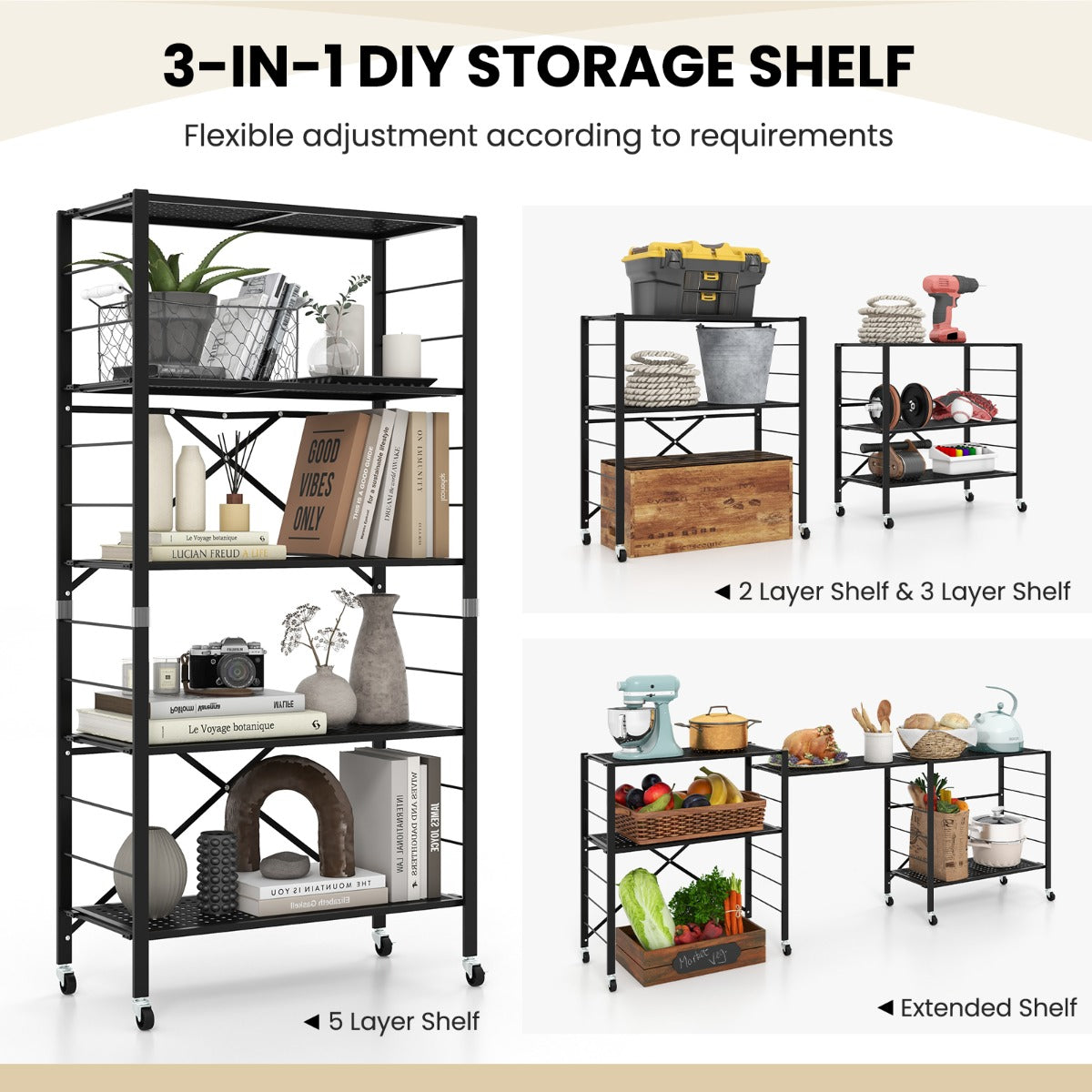 LIVSK 3-in-1 Opbergrek - Verstelbare Vrijstaande Planken - Opvouwbaar met Wielen - Tot 85 kg - 76 x 34,5 x 153 cm - Zwart