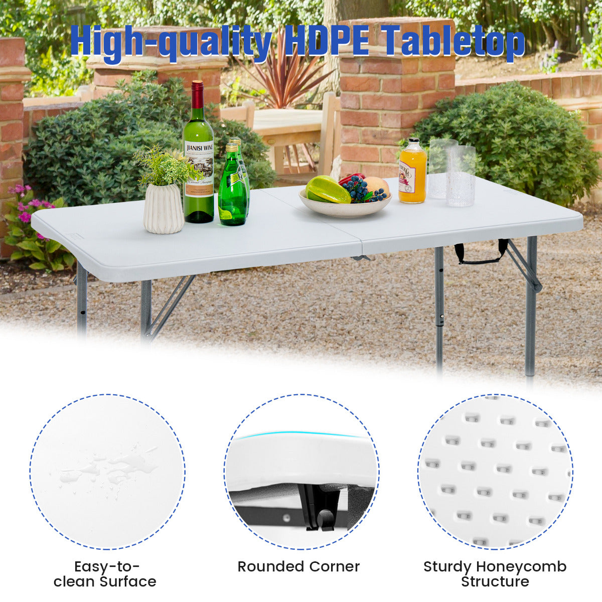 LIVSK Draagbare Opvouwbare Tafel - Verstelbare Hoogte 46/60/74 cm - Lichtgewicht met Draaggreep - Stevig HDPE en Staal - Wit