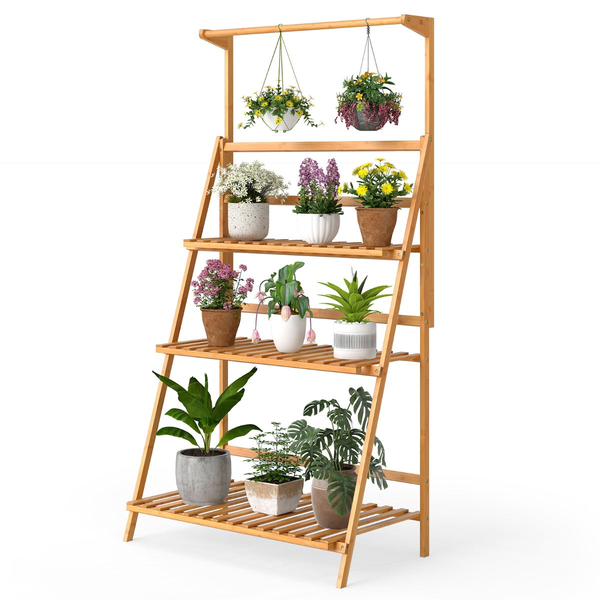 Livsk costway opvouwbare plantenstandaard bloemenladder plantenladder van bamboe bloemenstandaard met verstelbare hangstang en 3 planken 1