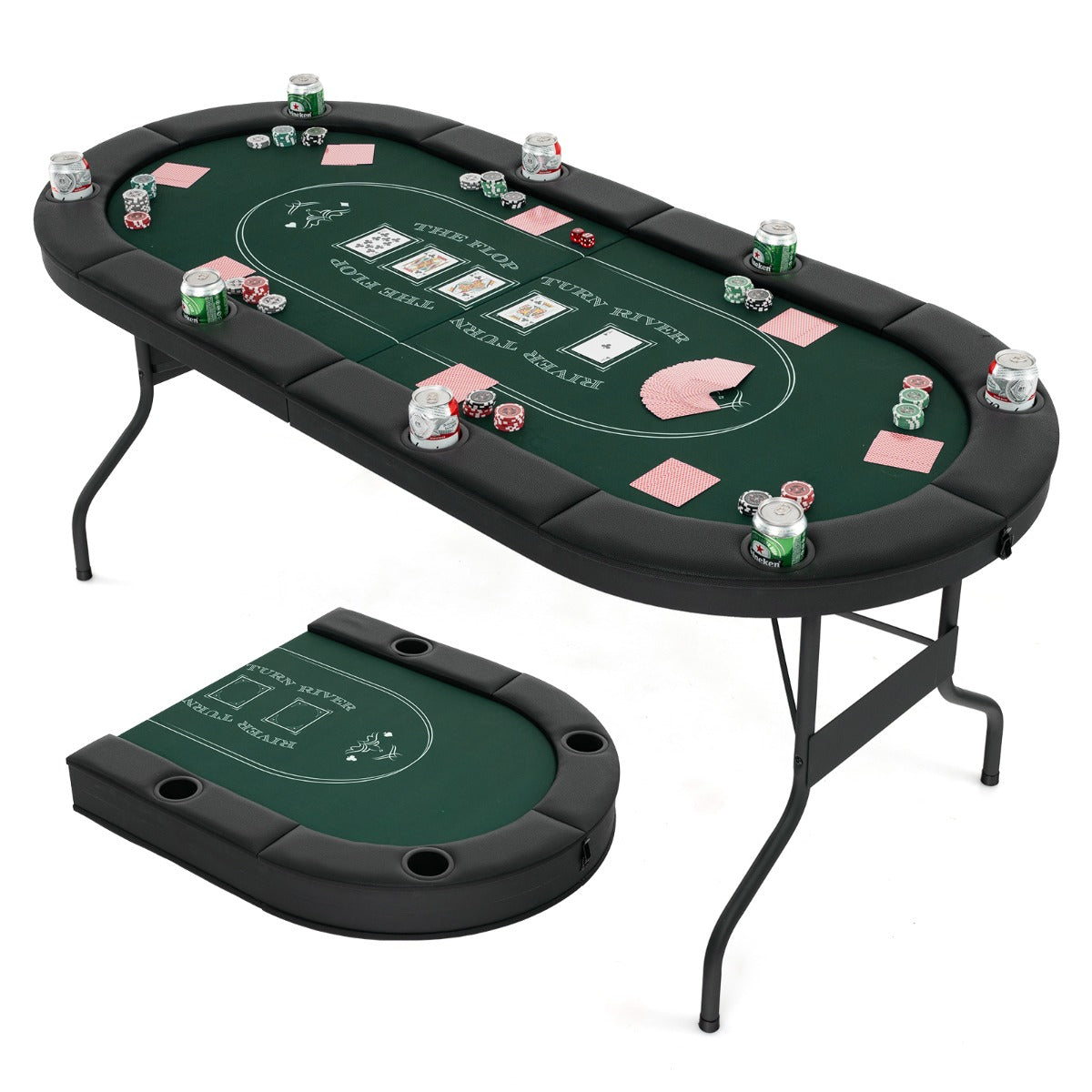 LIVSK Inklapbare Pokertafel - Voor 6-8 Spelers - Gevoerde Armleuningen - Metalen Bekerhouders - Casinokwaliteit - Zwart+Groen