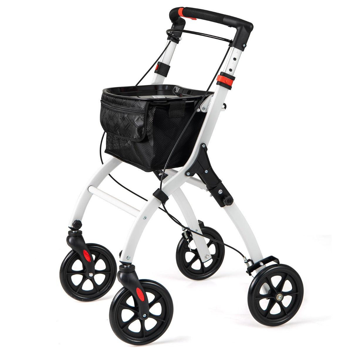 LIVSK Lichtgewicht Opvouwbare Rollator - Verstelbare Duwbeugel - Grote Opbergmand en Dienblad - Voor 160-185 cm - Wit + Zwart