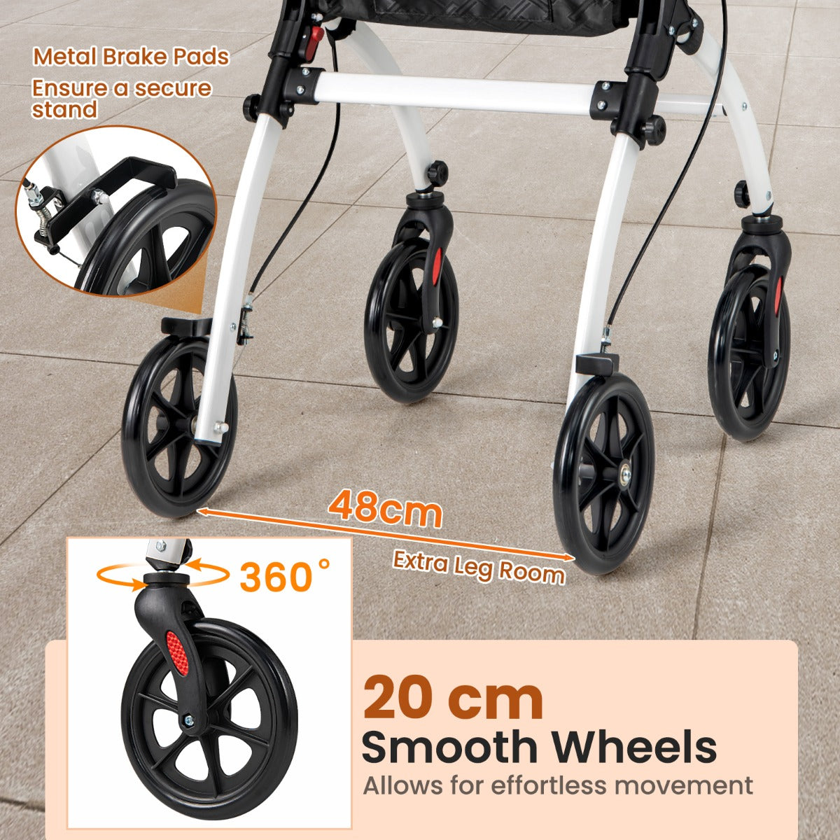 LIVSK Lichtgewicht Opvouwbare Rollator - Verstelbare Duwbeugel - Grote Opbergmand en Dienblad - Voor 160-185 cm - Wit + Zwart