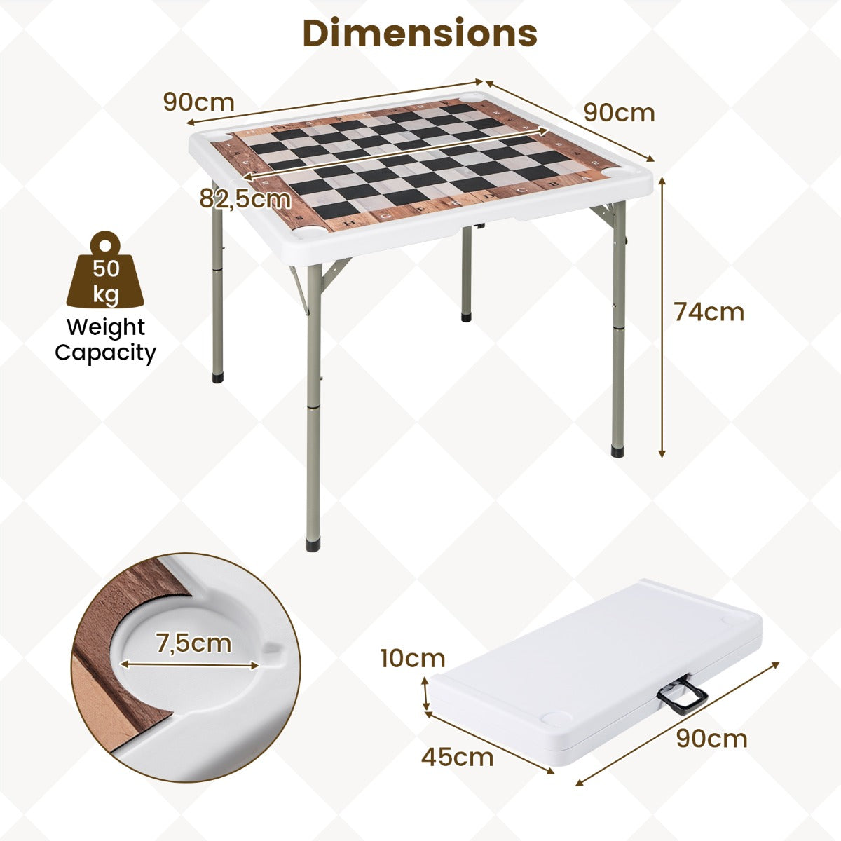 LIVSK Opvouwbare Vierkante Tafel - HDPE Blad met Stevige Metalen Poten - Inclusief 4 Bekerhouders - Multifunctioneel - 90 cm -