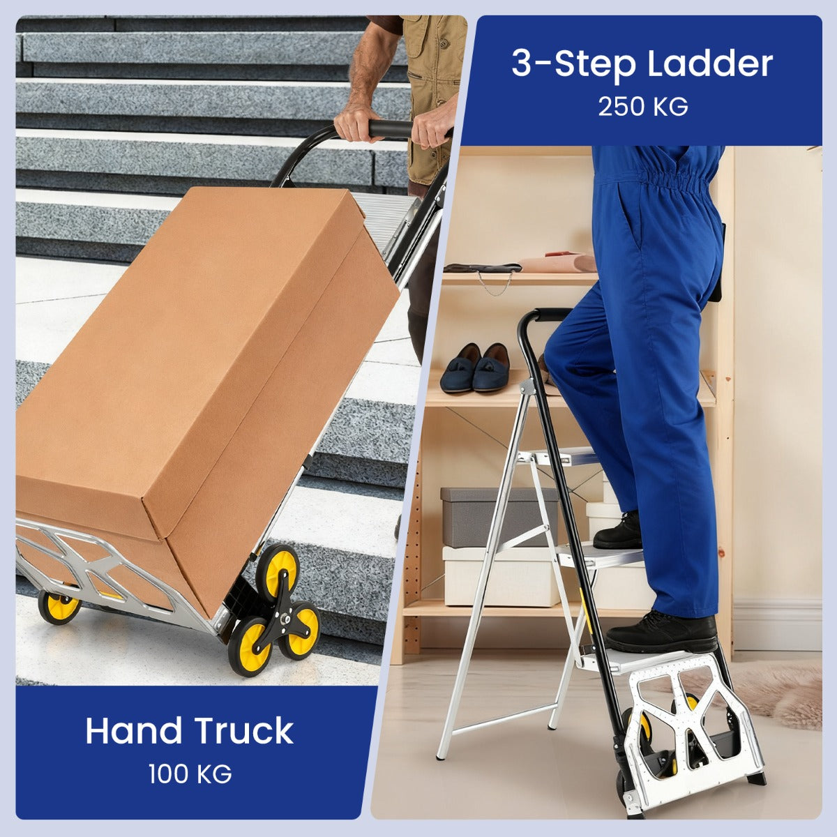 Livsk costway opvouwbare steekwagen en 2 in 1 ladder aluminium trapladder met 3 treden en antislipvoeten 2