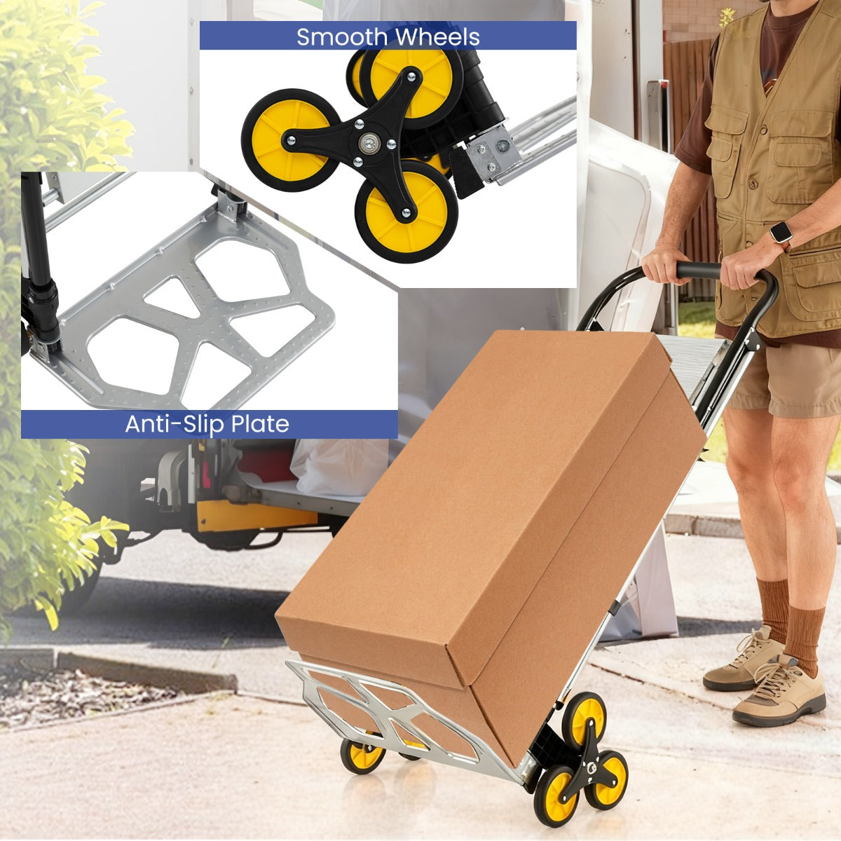 Livsk costway opvouwbare steekwagen en 2 in 1 ladder aluminium trapladder met 3 treden en antislipvoeten 5